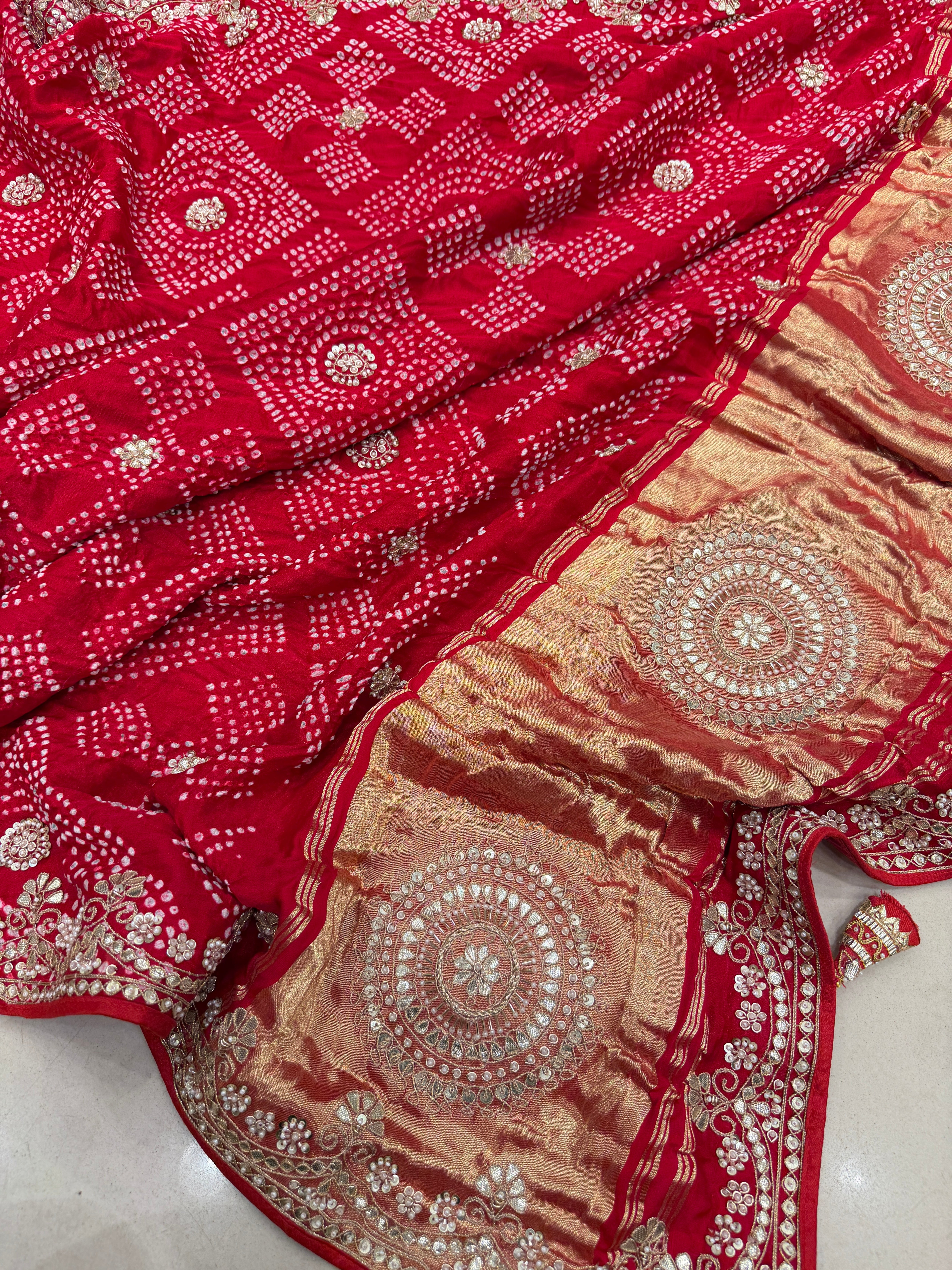 Red Gajji Silk Bandhej Hand Done Gotapatti Saree