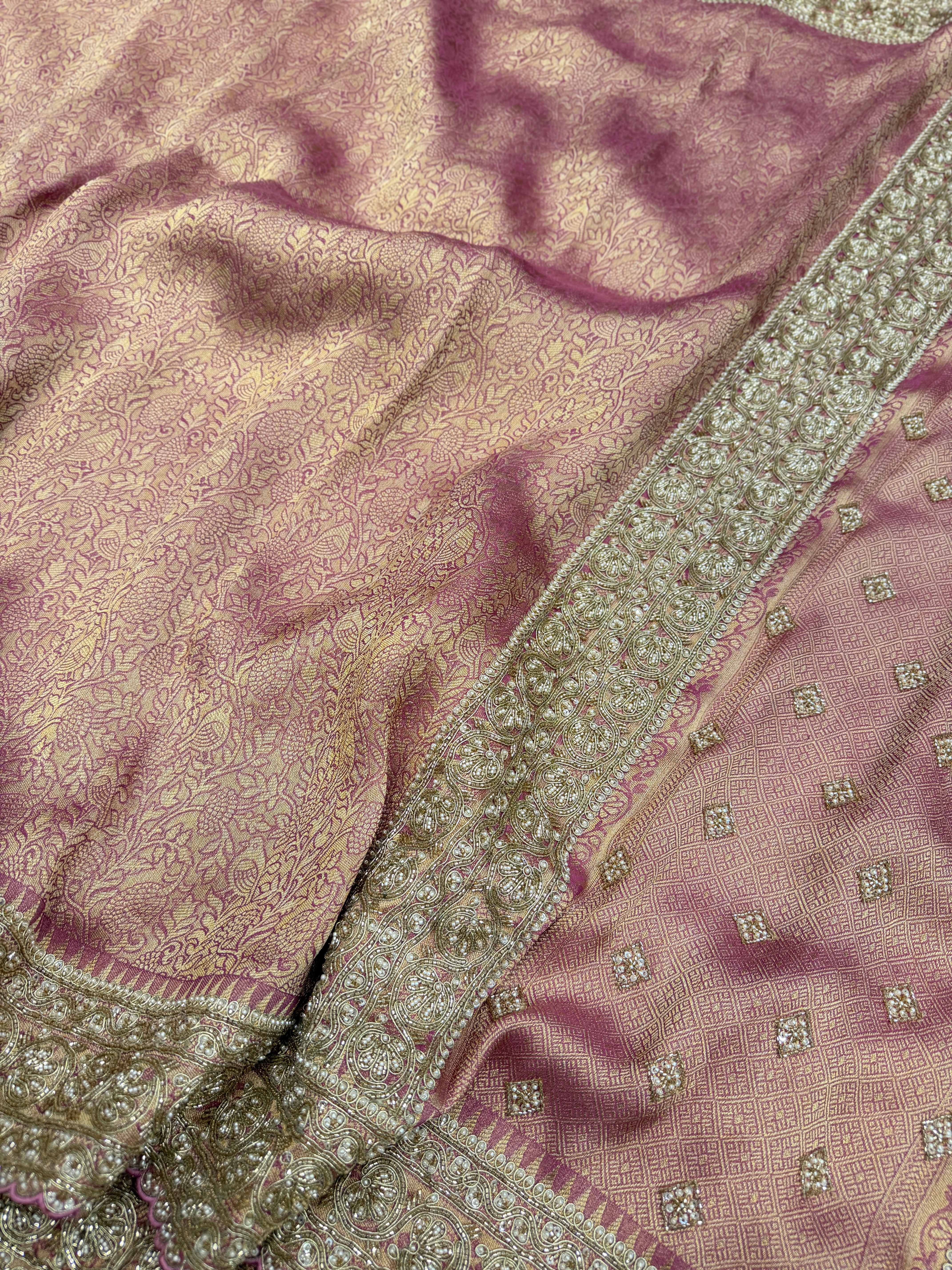 Purple Crepe Tissue Weaved Moti Cutana Embroidery Saree