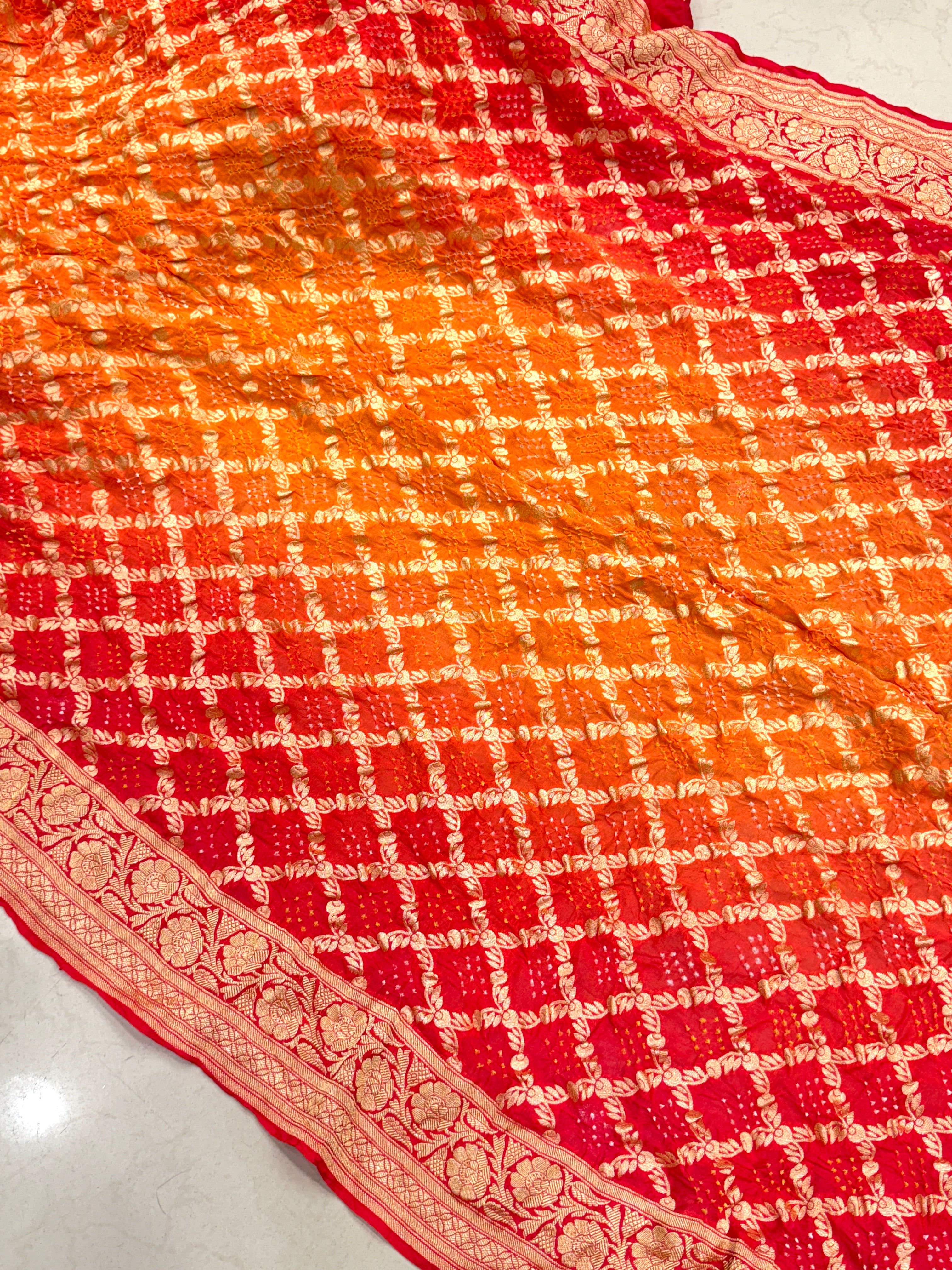 Strawberry Orange Shaded Georgette Handloom Bandhej Bandhini Saree