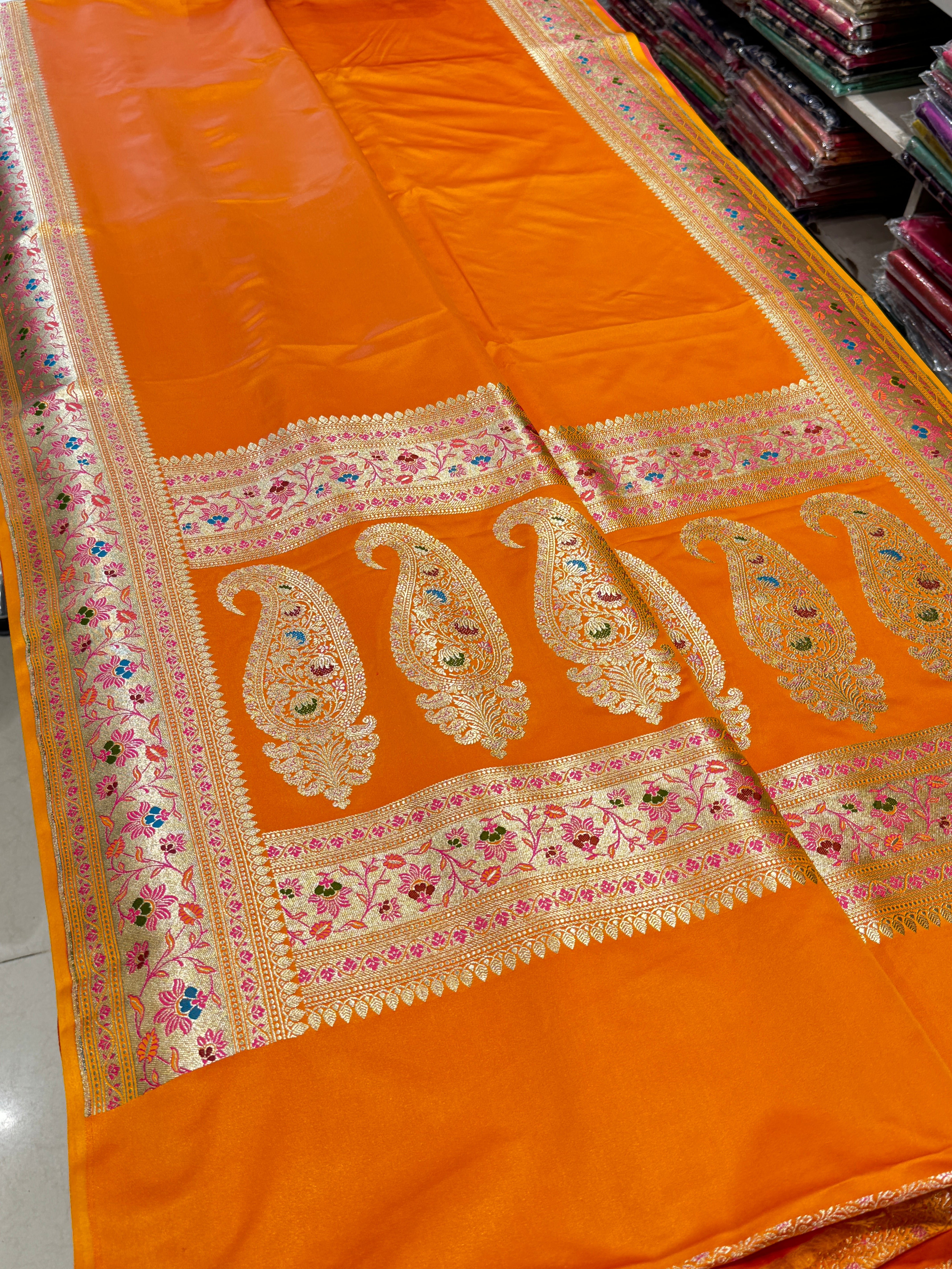 Orange Banarasi Silk Meena Border Pallu Saree