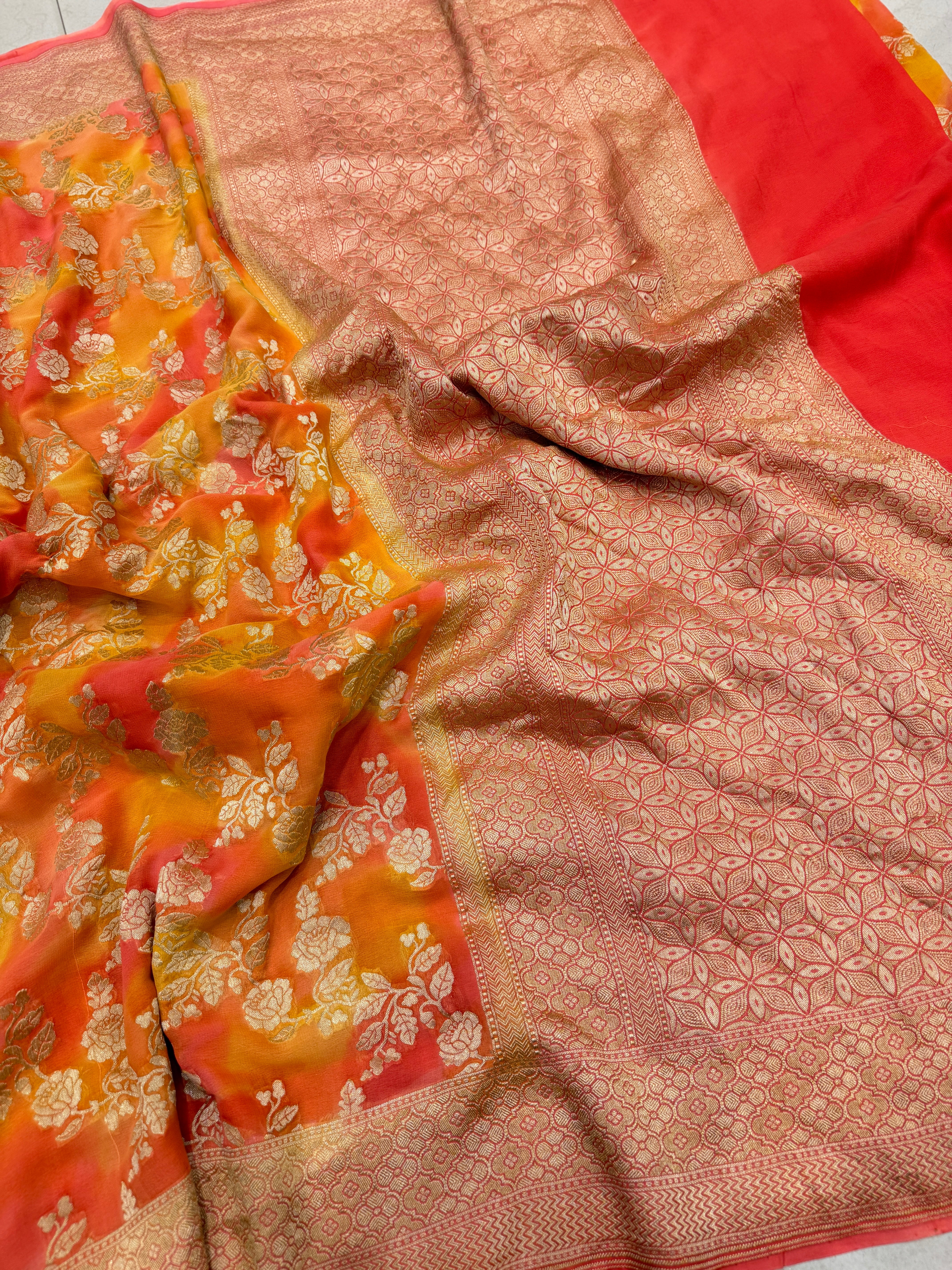 Orange Shaded Rose Jaal Handloom Banarasi Khaddi Georgette Saree