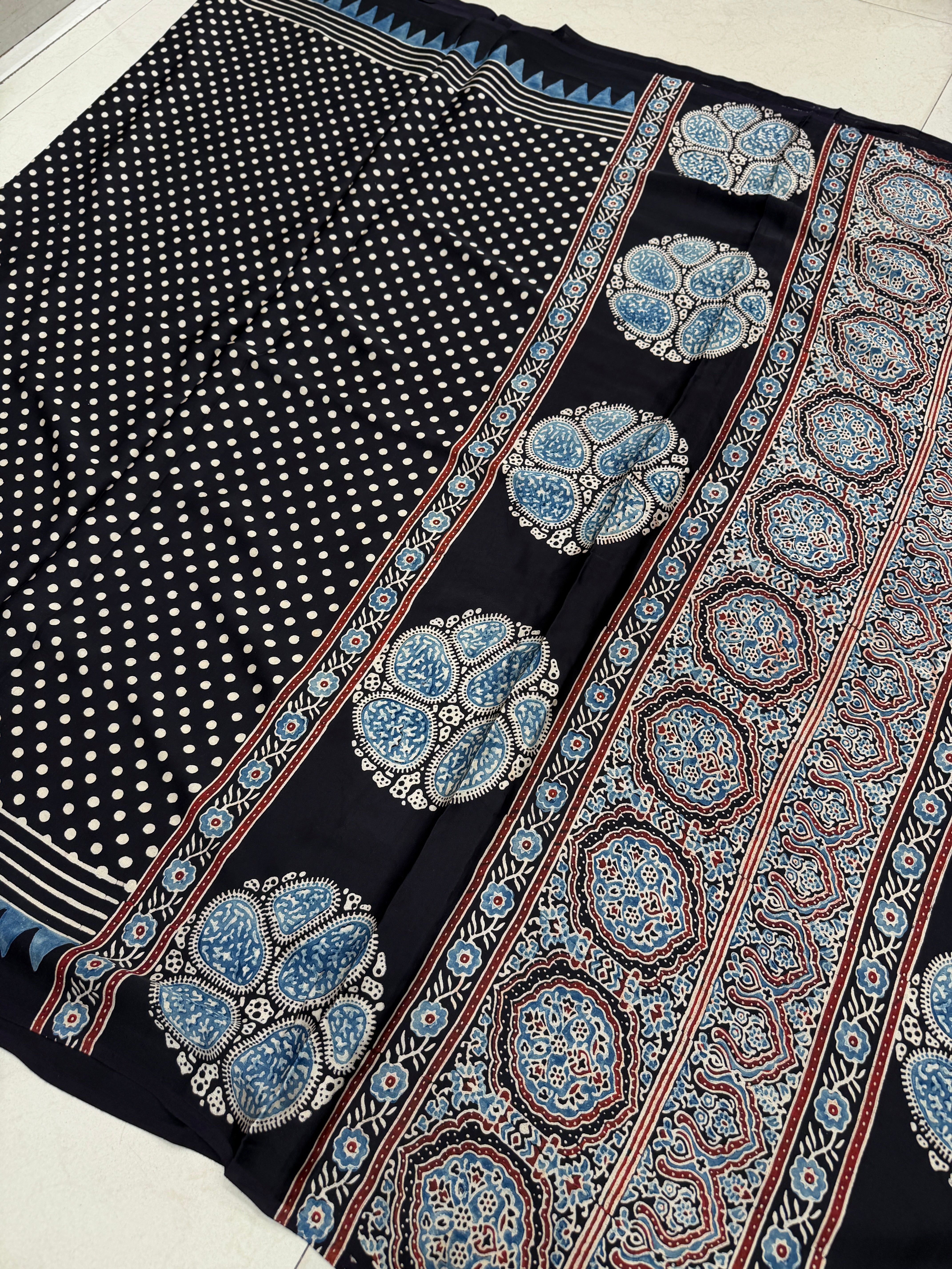 Black Polka Dots Ajrakh Block Print Hand Pure Gajji Silk Saree