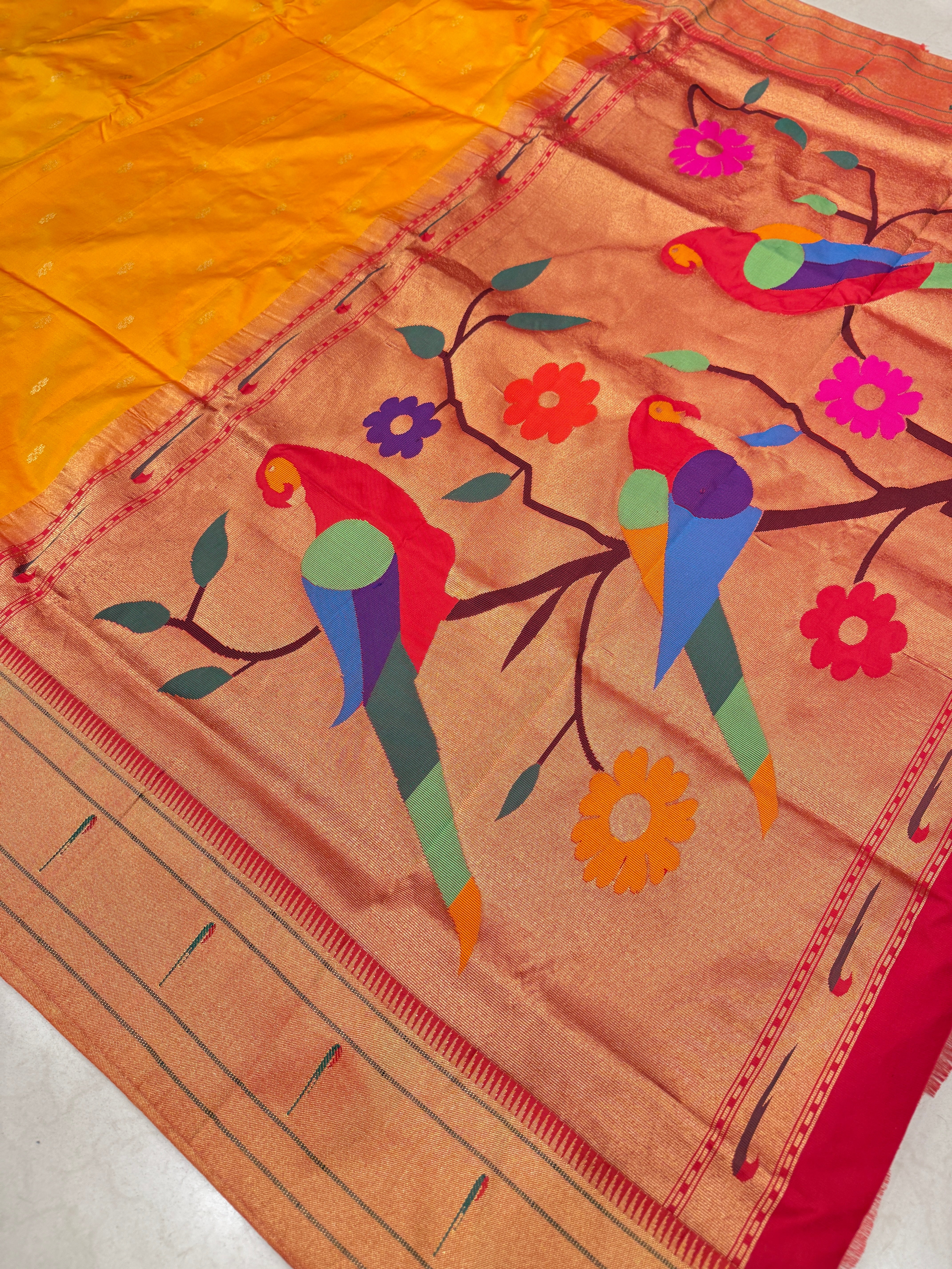 Yellow Muniya Pure Silk Handloom Paithani Saree