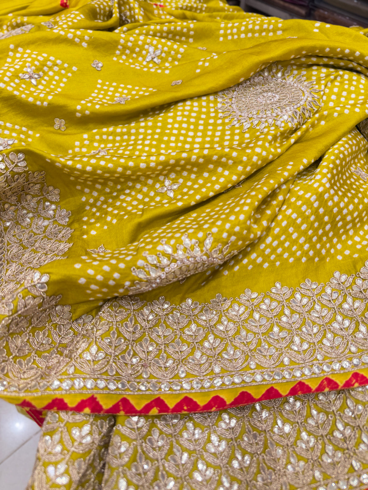 Lime Green Faabiiana Inspired Gajji Silk Rai Bandhej Gotapatti Marodi Hand Embroidery Saree