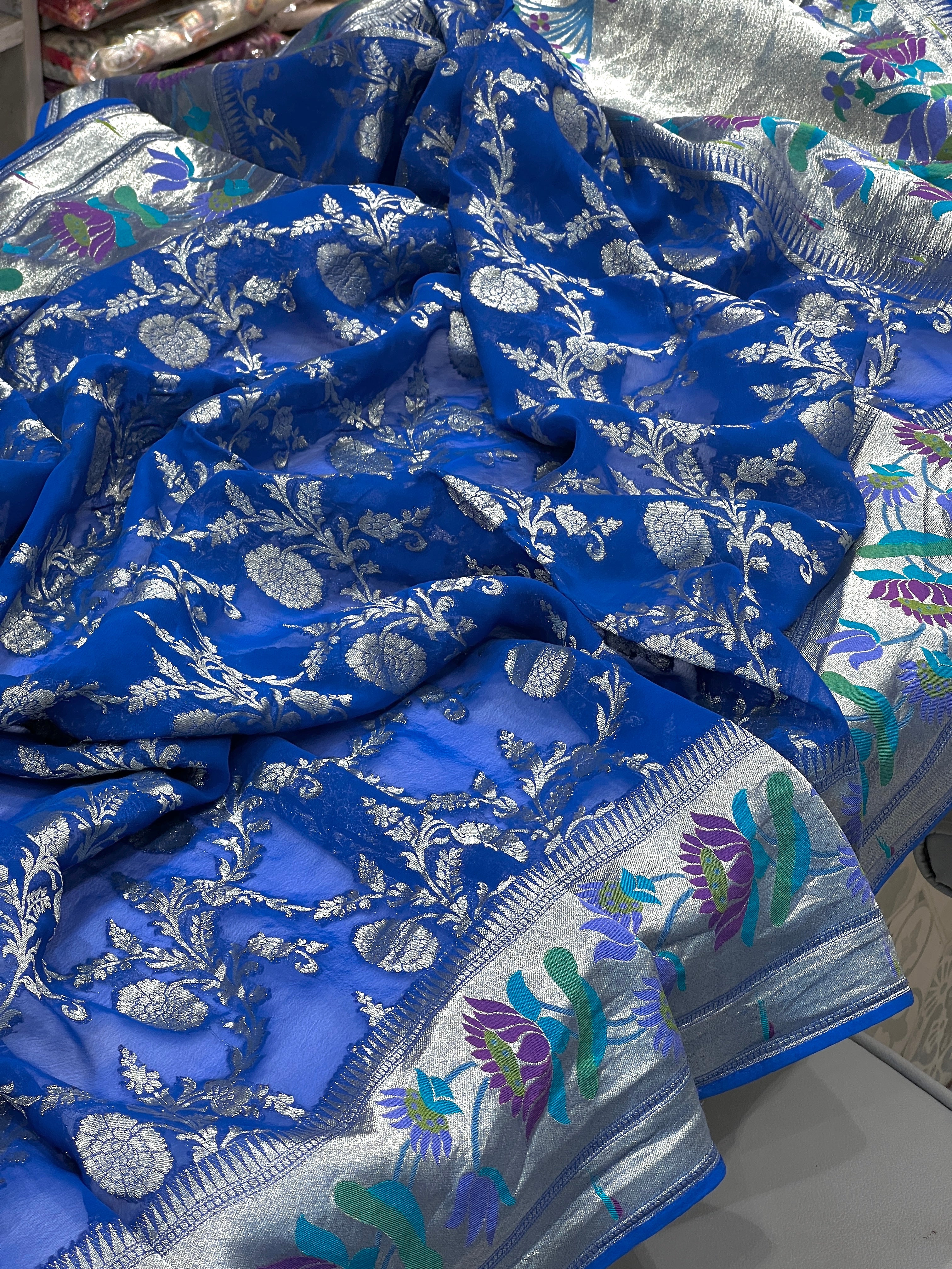 Blue Georgette Paithani Saree