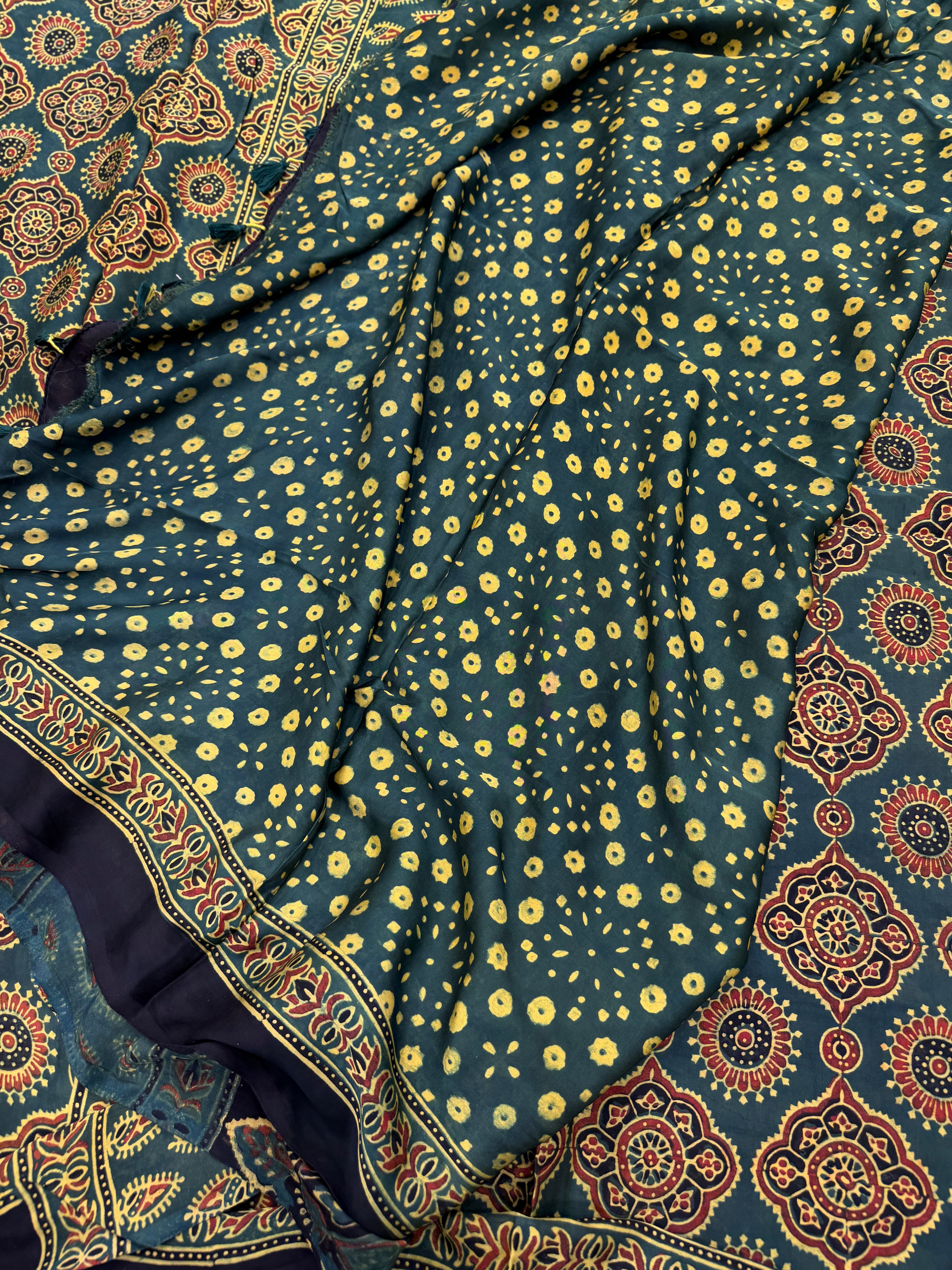 Bottle Green Badam Buttas Ajrakh Hand Block Print Pure Gajji Silk Saree
