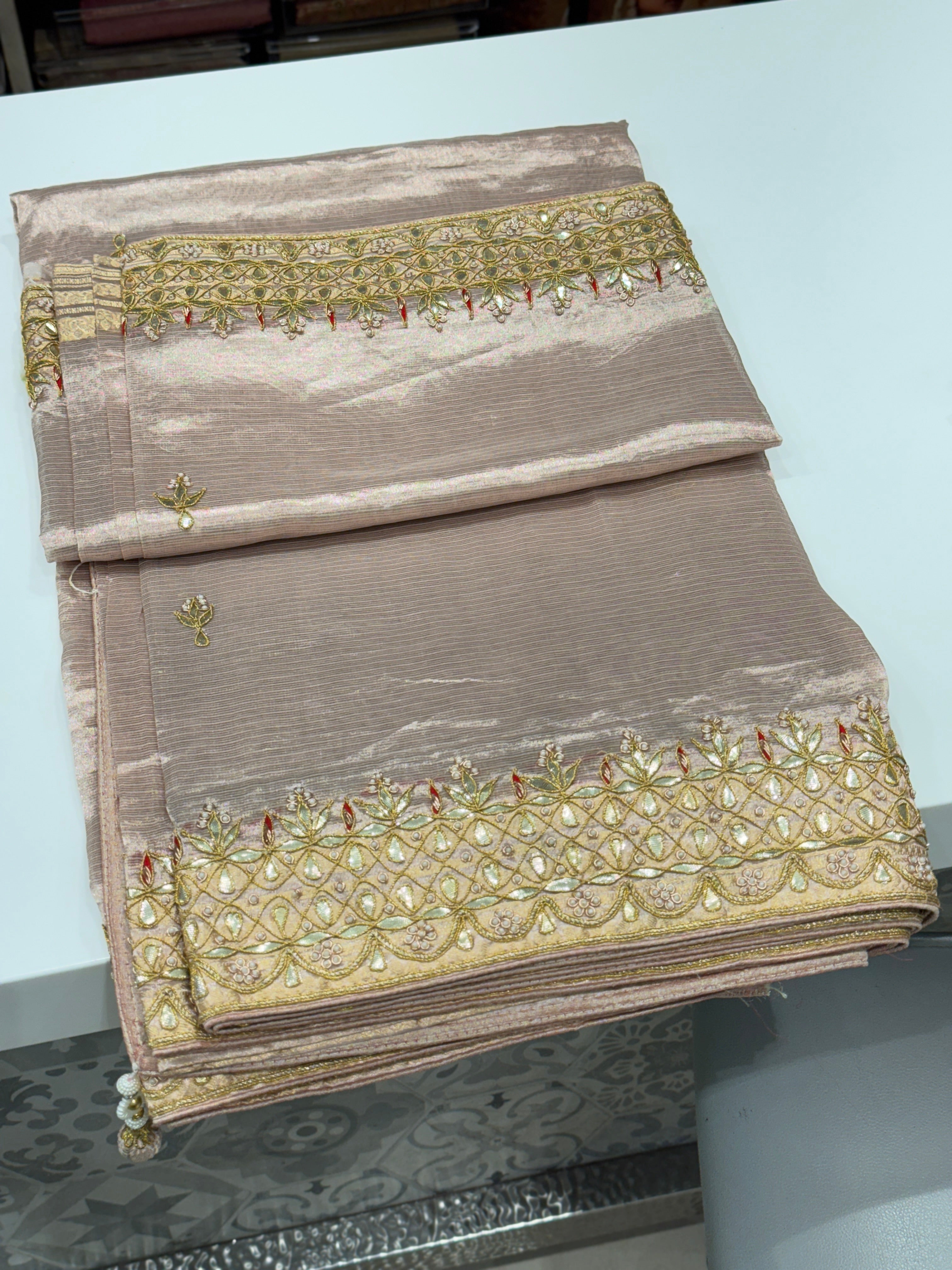 Pink Tissue Handloom Gotapatti Zardosi Hand Embroidery Saree