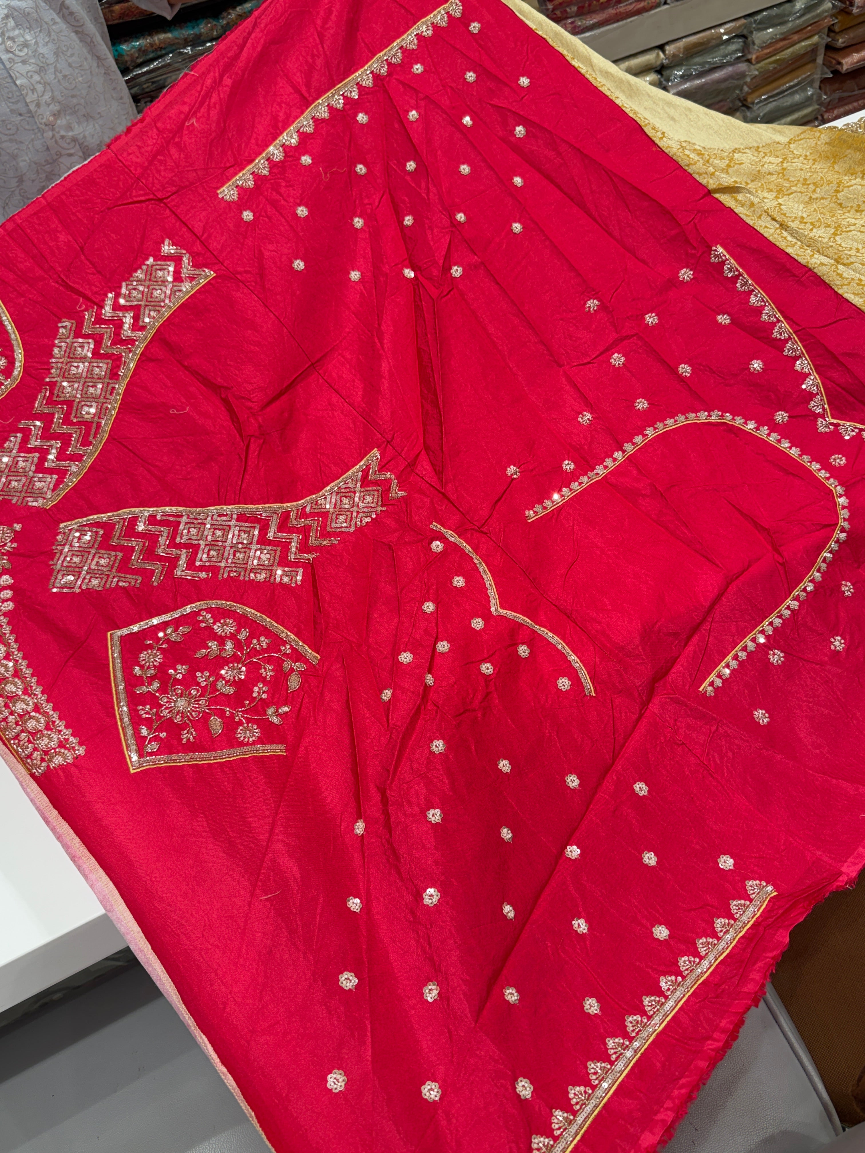 Yellow Floral Weave Soft Silk Moti Crystal Embroidery Saree