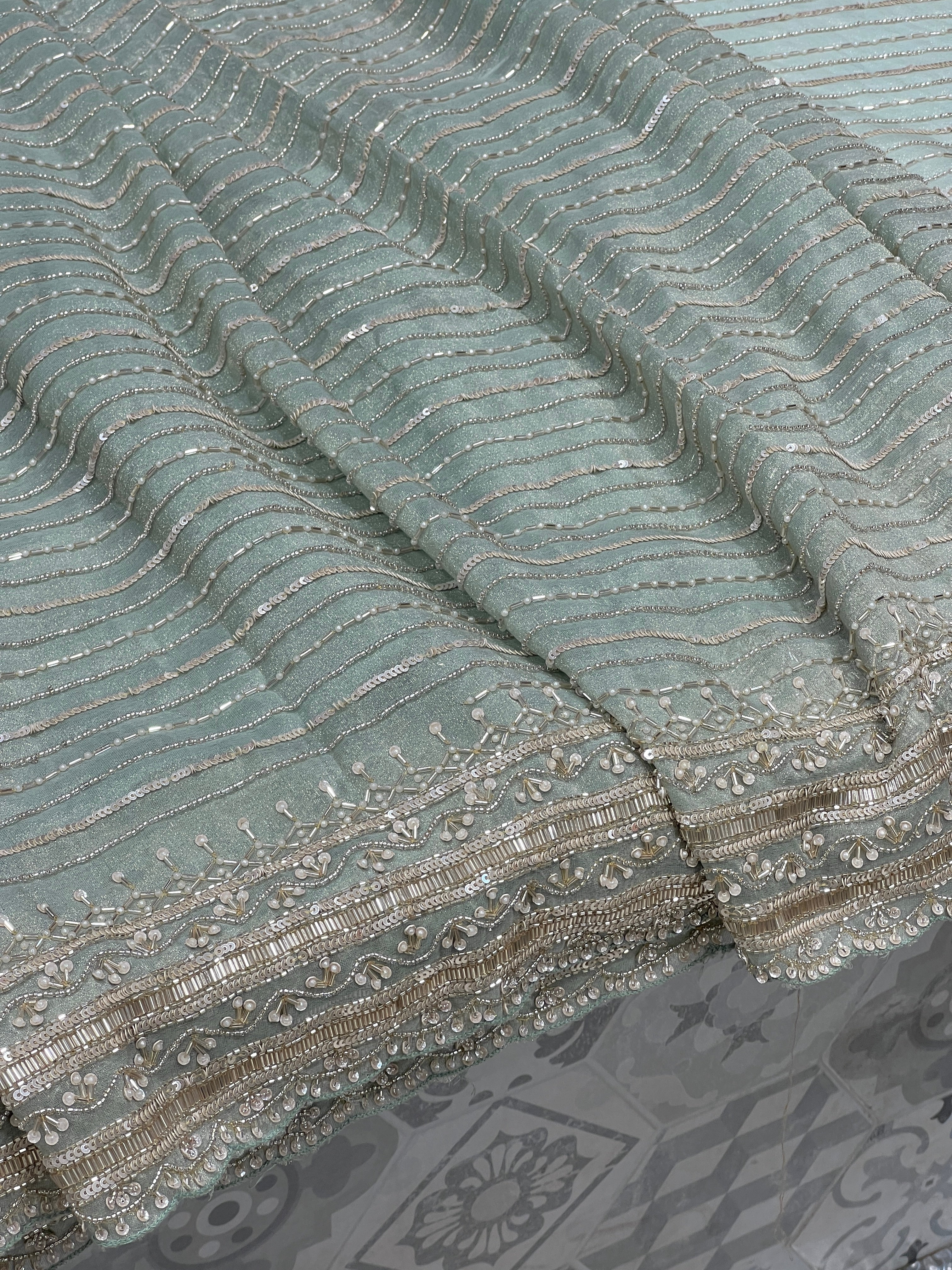 Green Crepe Tissue Moti Hand Embroidery Saree