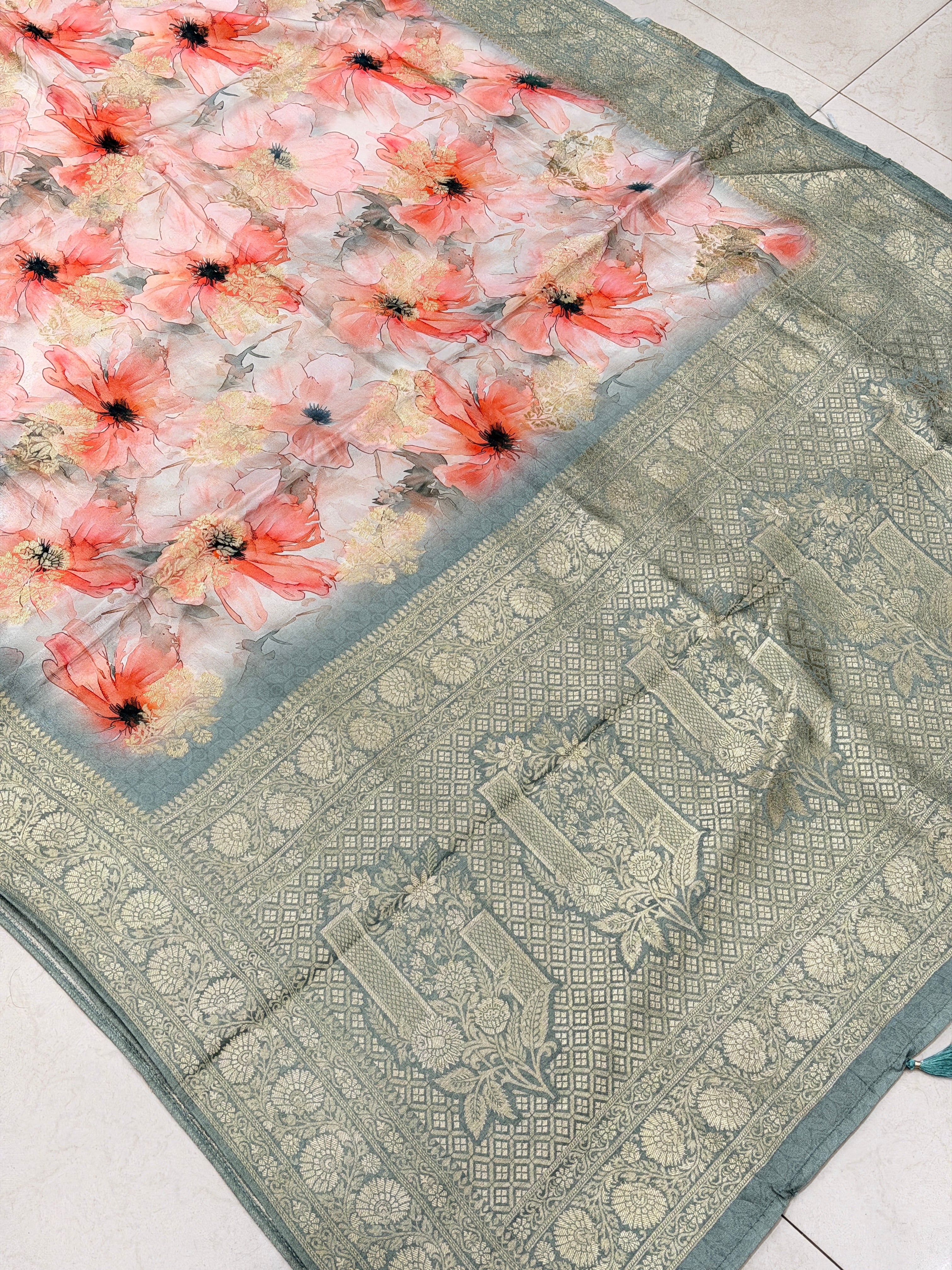 Soft Grey Floral Multi Colour Print Munga Soft Silk Saree