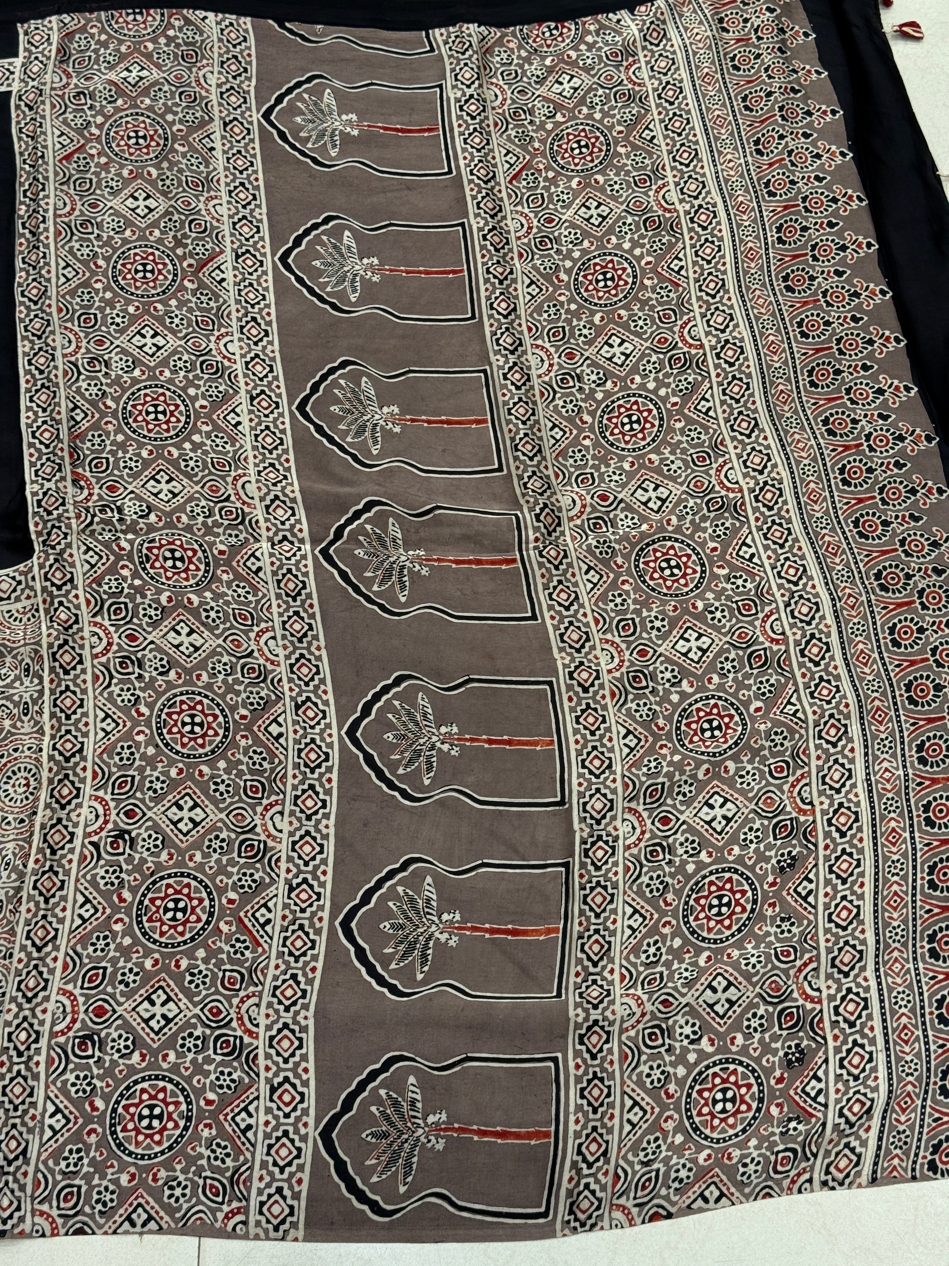 Black Half Contemporary Ajrakh Block Print Hand Pure Gajji Silk Saree