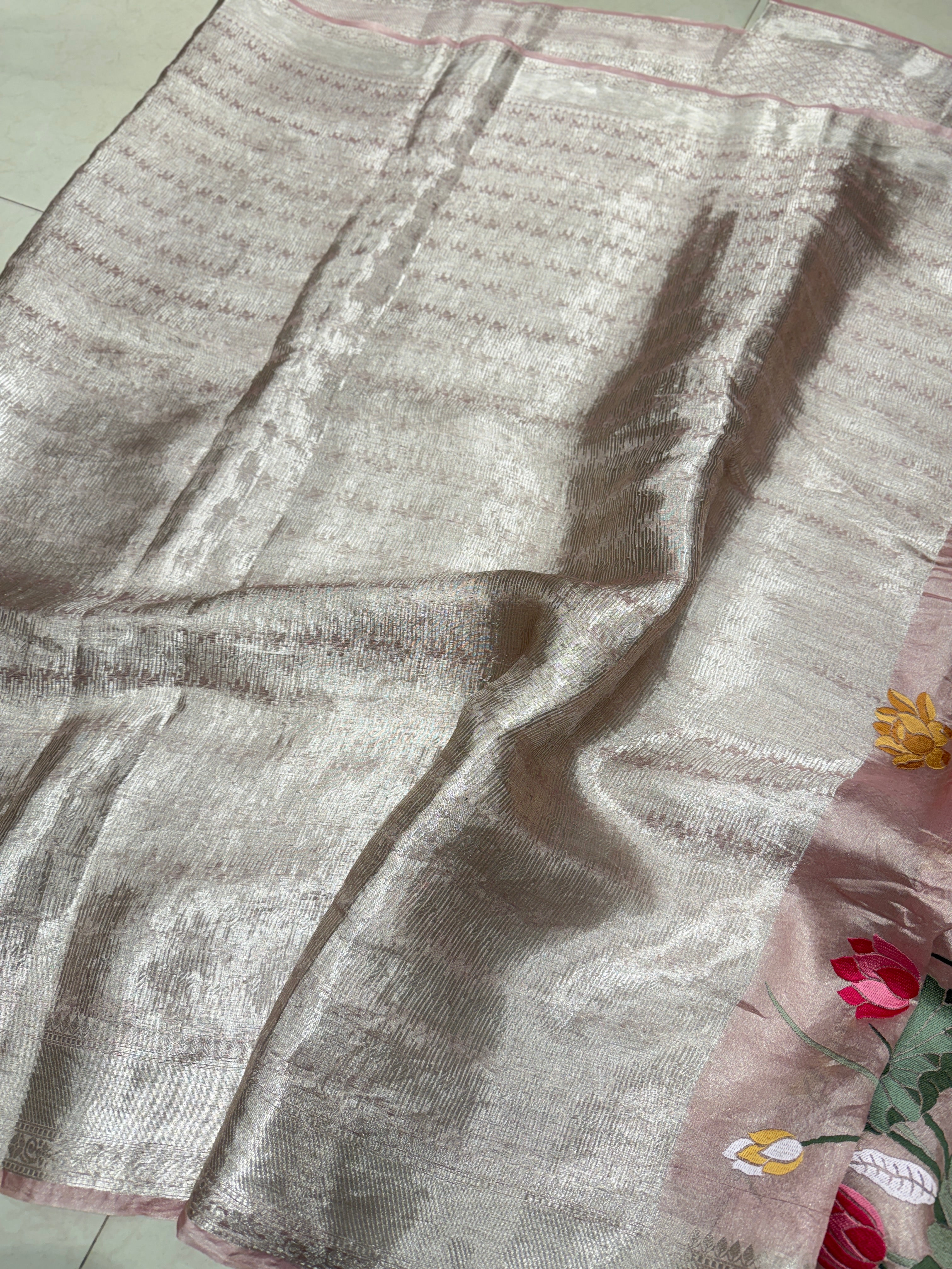 Nude Pink Silver Handloom Tissue Swans Contemporary Resham Embroidery Saree
