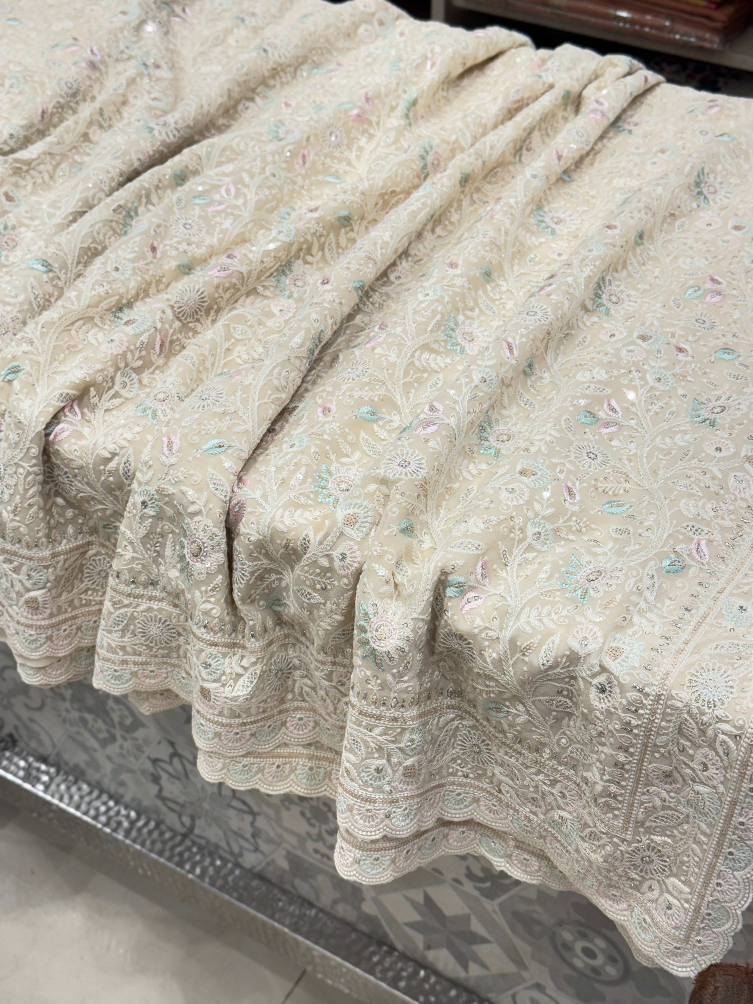 Moti White Meenakari Chikankari Scallop Design Saree