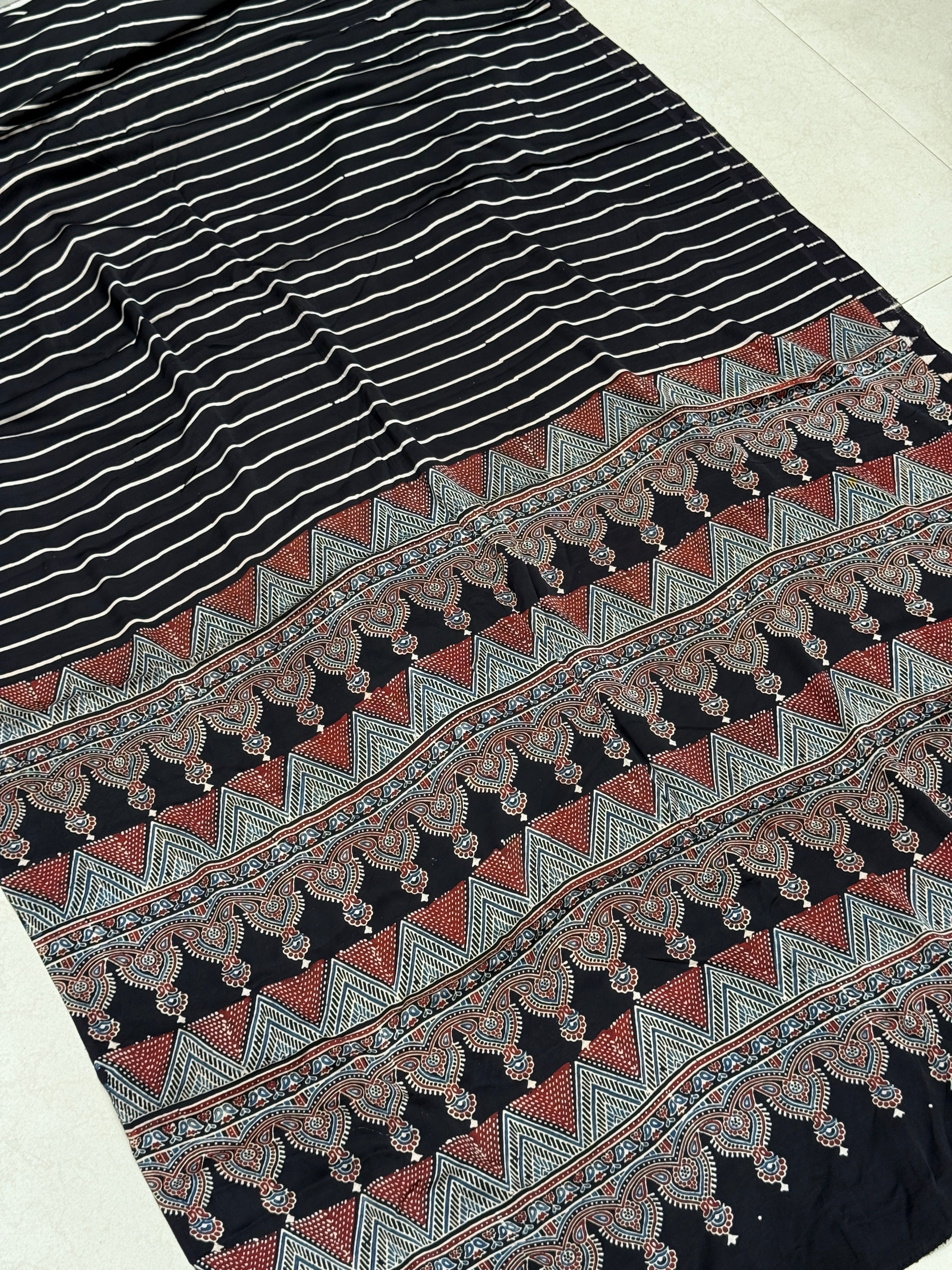 Black Contemporary Ajrakh Block Print Hand Pure Gajji Silk Saree
