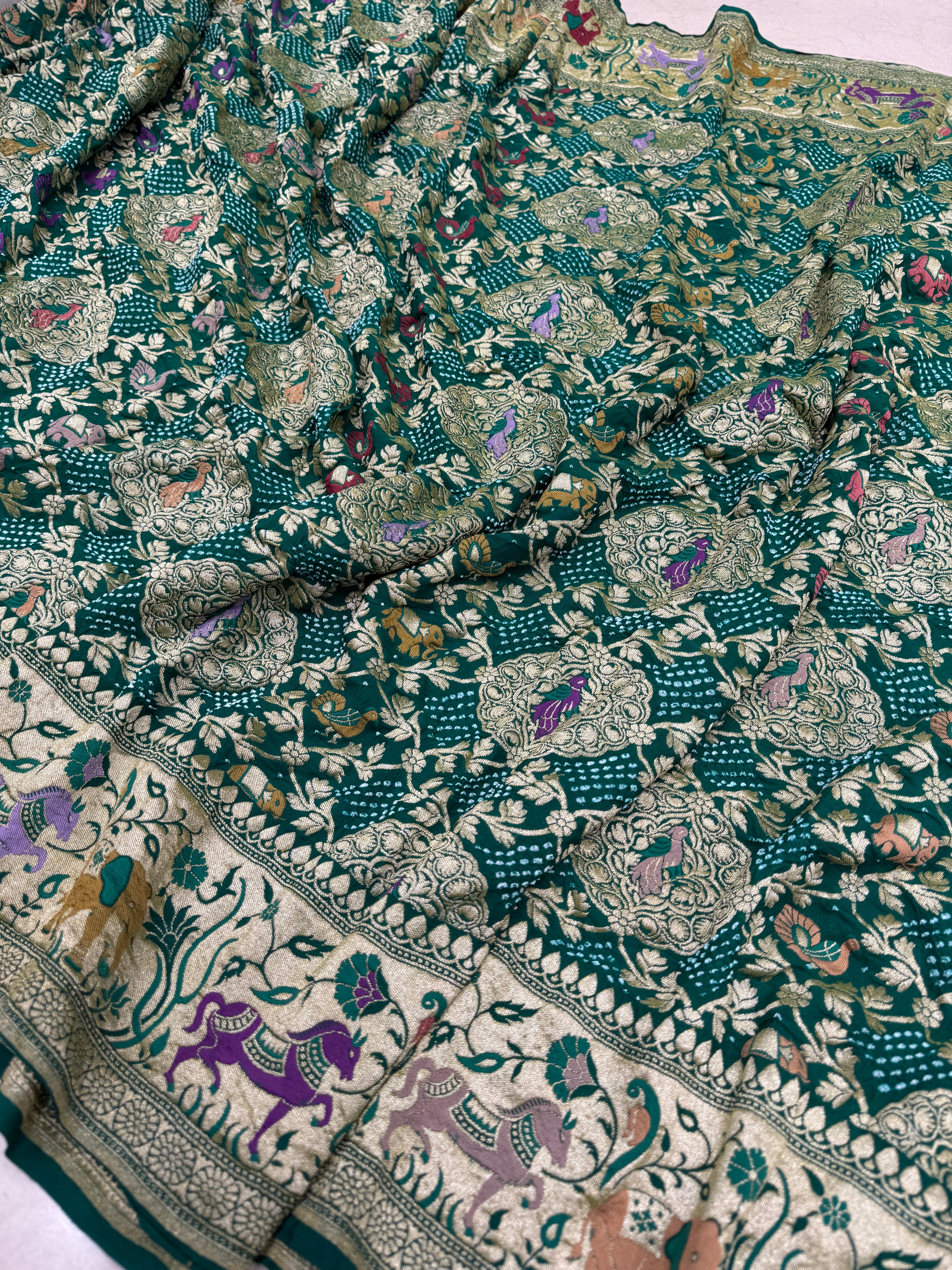 Bottle Green Bandhej Meenakari Kadwa Saree