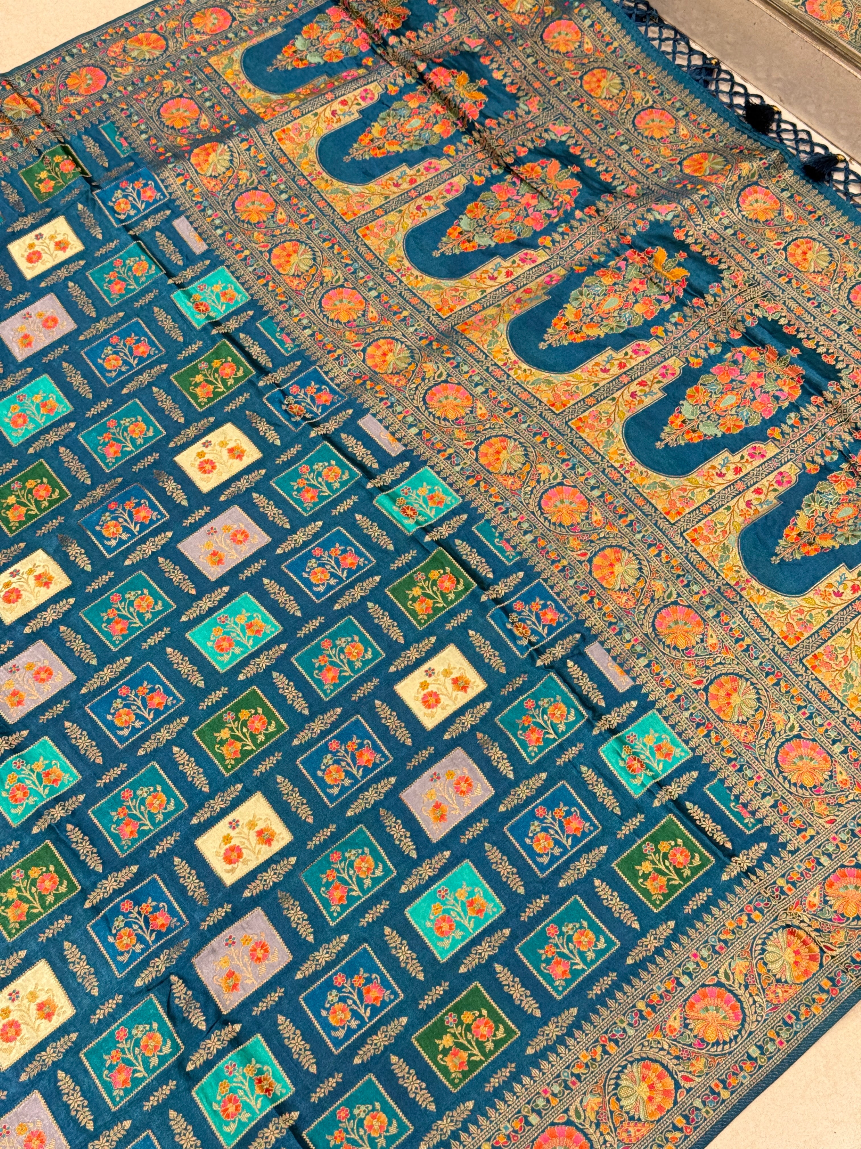 Rama Blue Box Check Banarasi Modal Satin Rangkat Saree