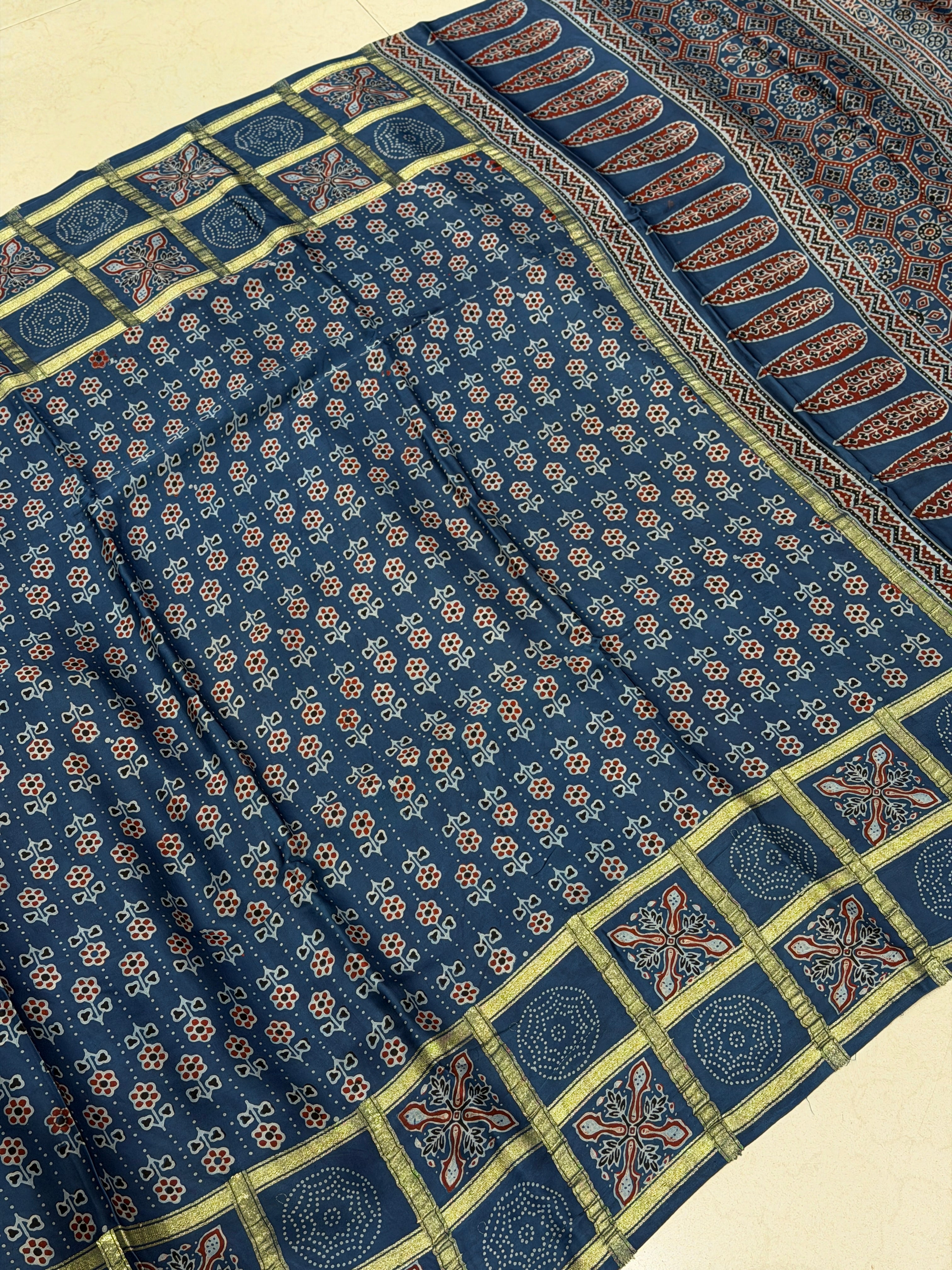 Blue Checks Border Lagdipatta Ajrakh Hand Block Print Pure Modal Silk Saree