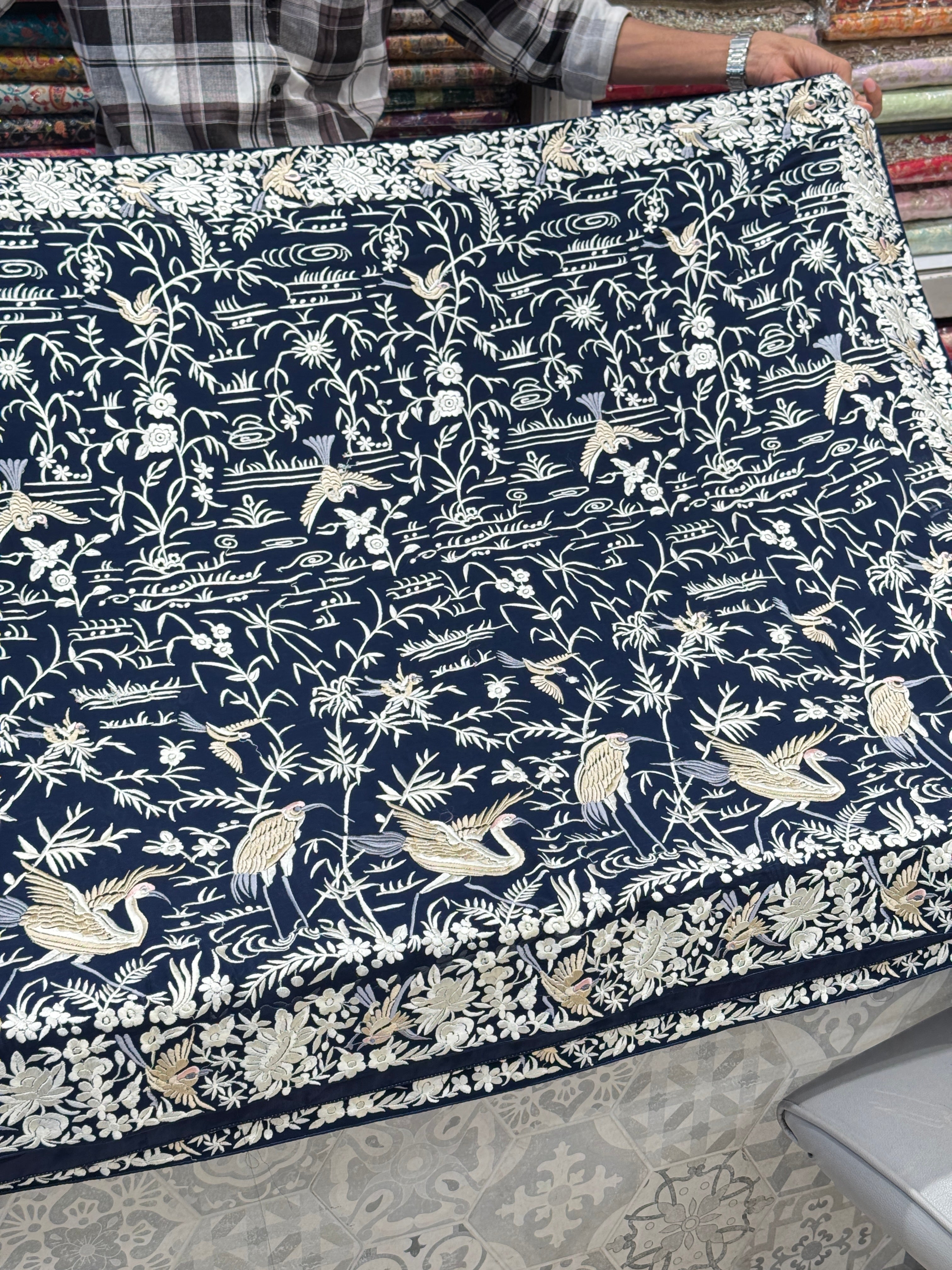 Blue Georgette Flying Flamingo Parsi Gara Saree