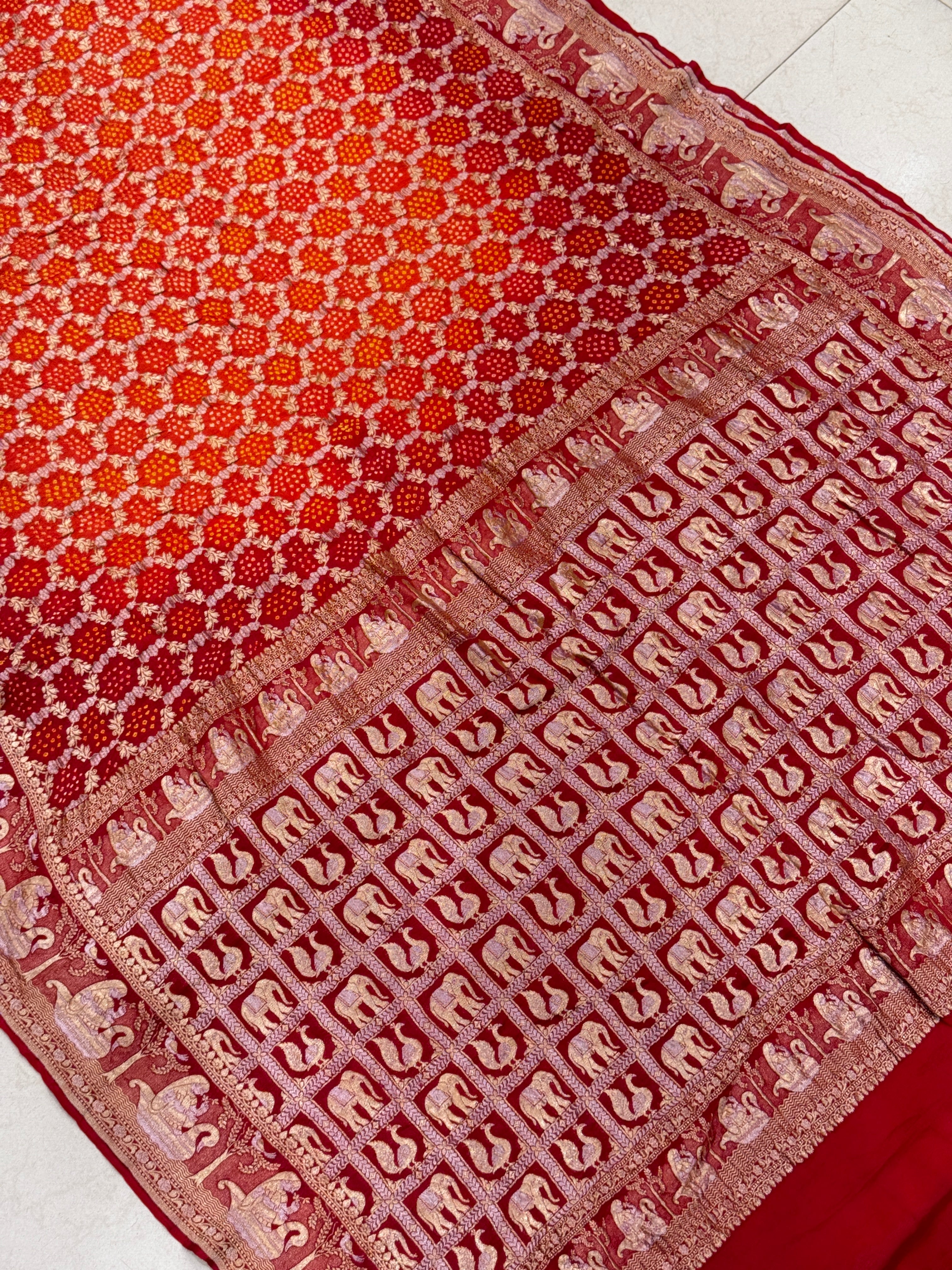 Orange Red Shaded Doli Border Sona Roopa Rai Bandhej Georgette Bandhini Saree