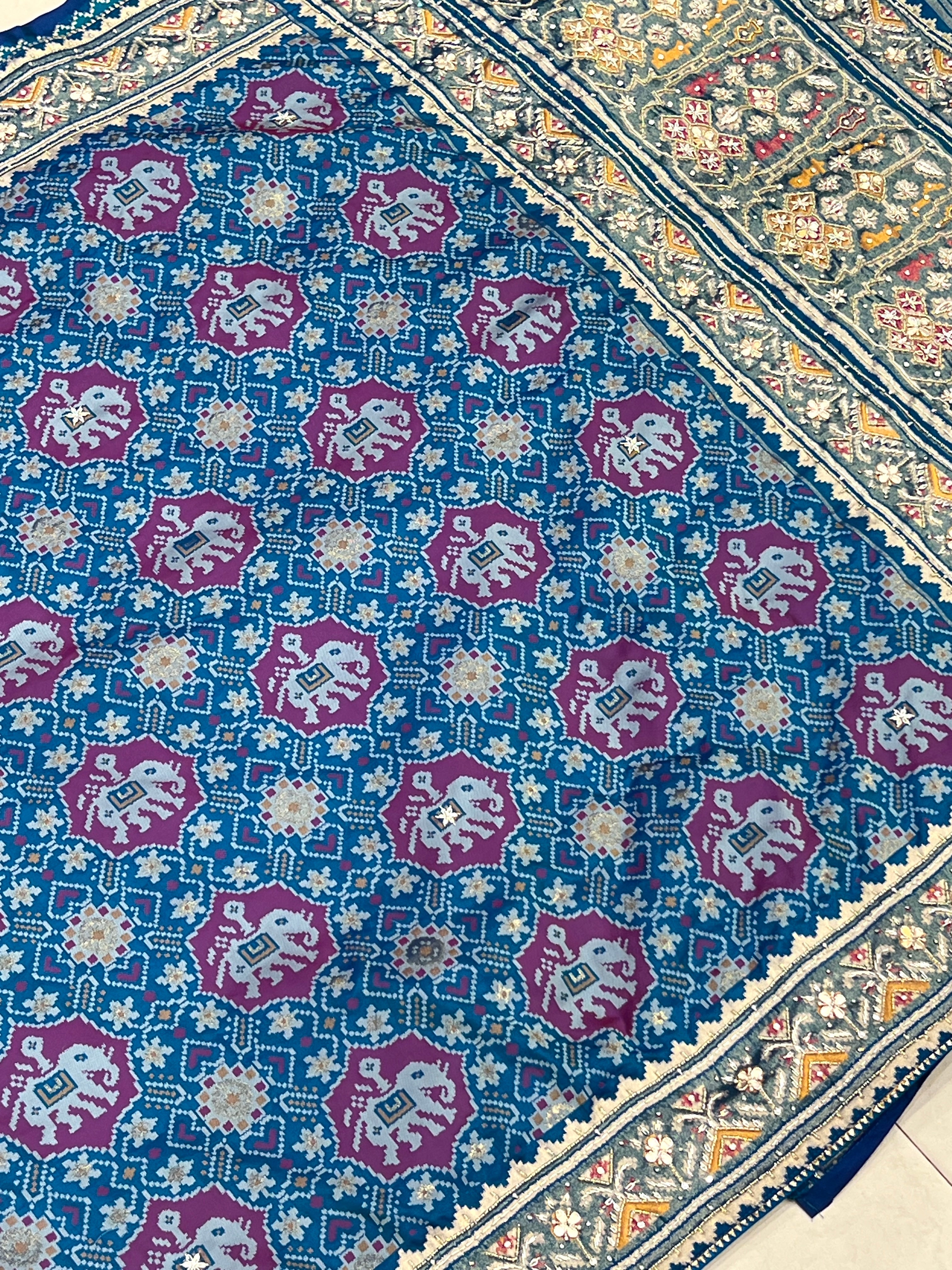 Blue Elephant Patola Hand Embroidery Saree