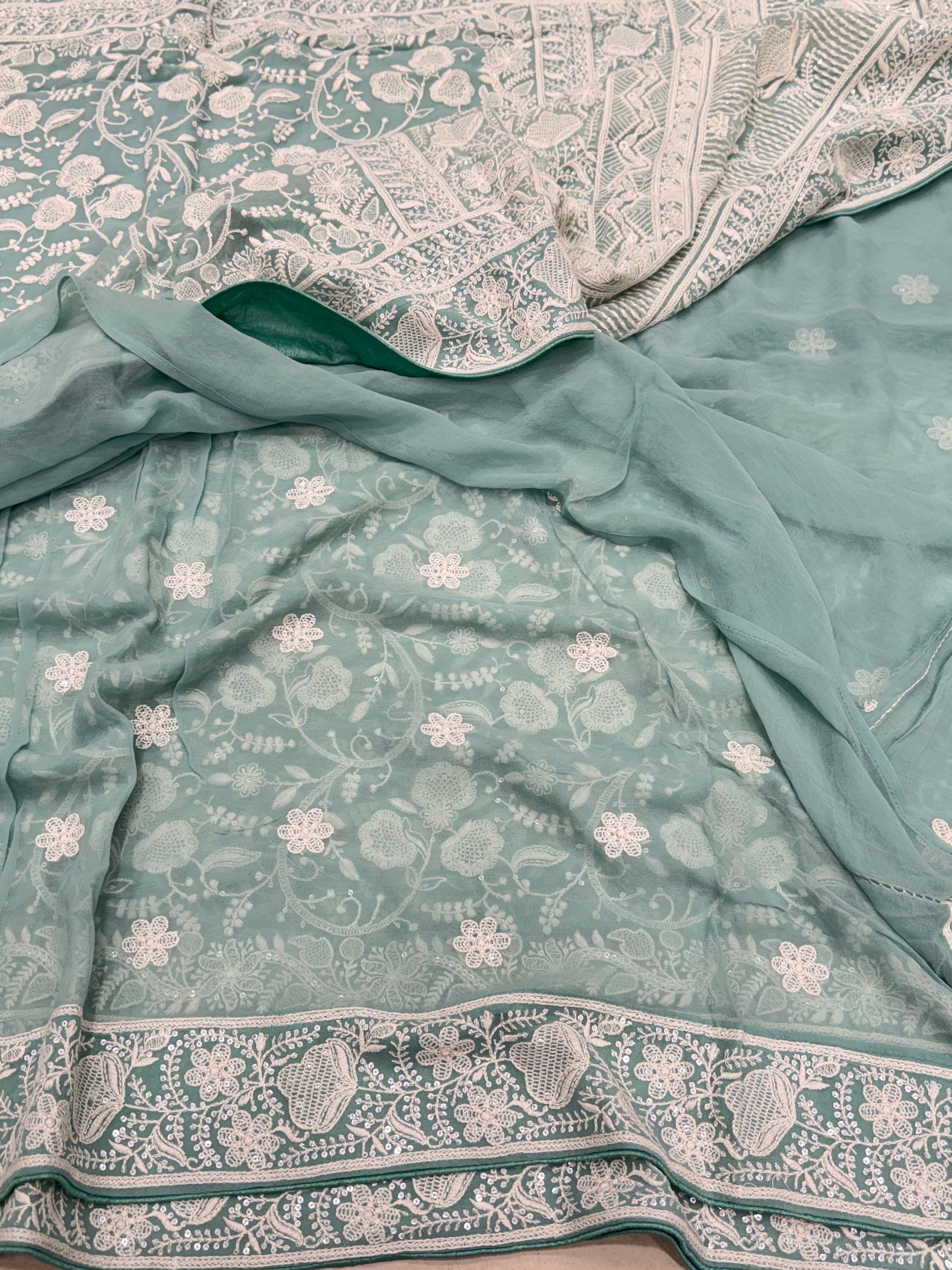 Mint Green Georgette Chikankari Three Floral Jaal Resham Embroidery Saree