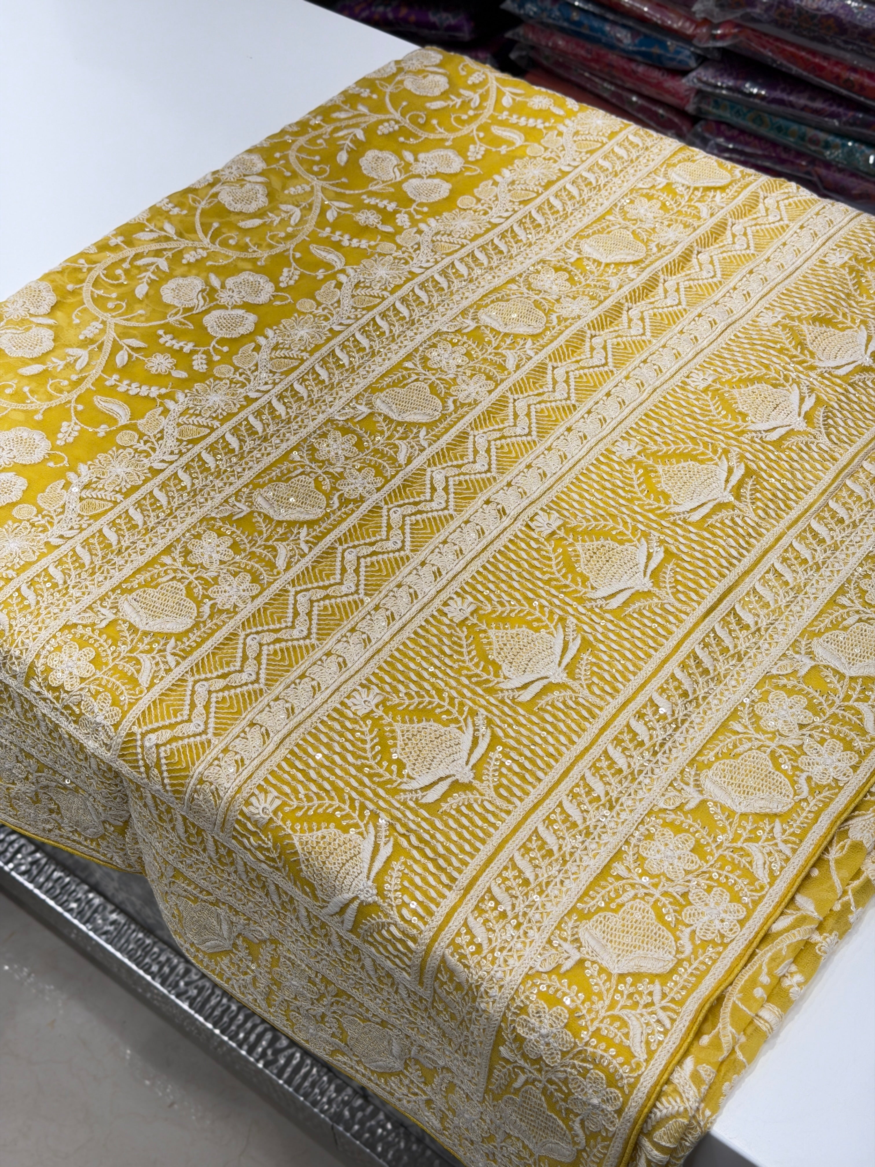 Yellow Georgette Chikankari Resham Saree