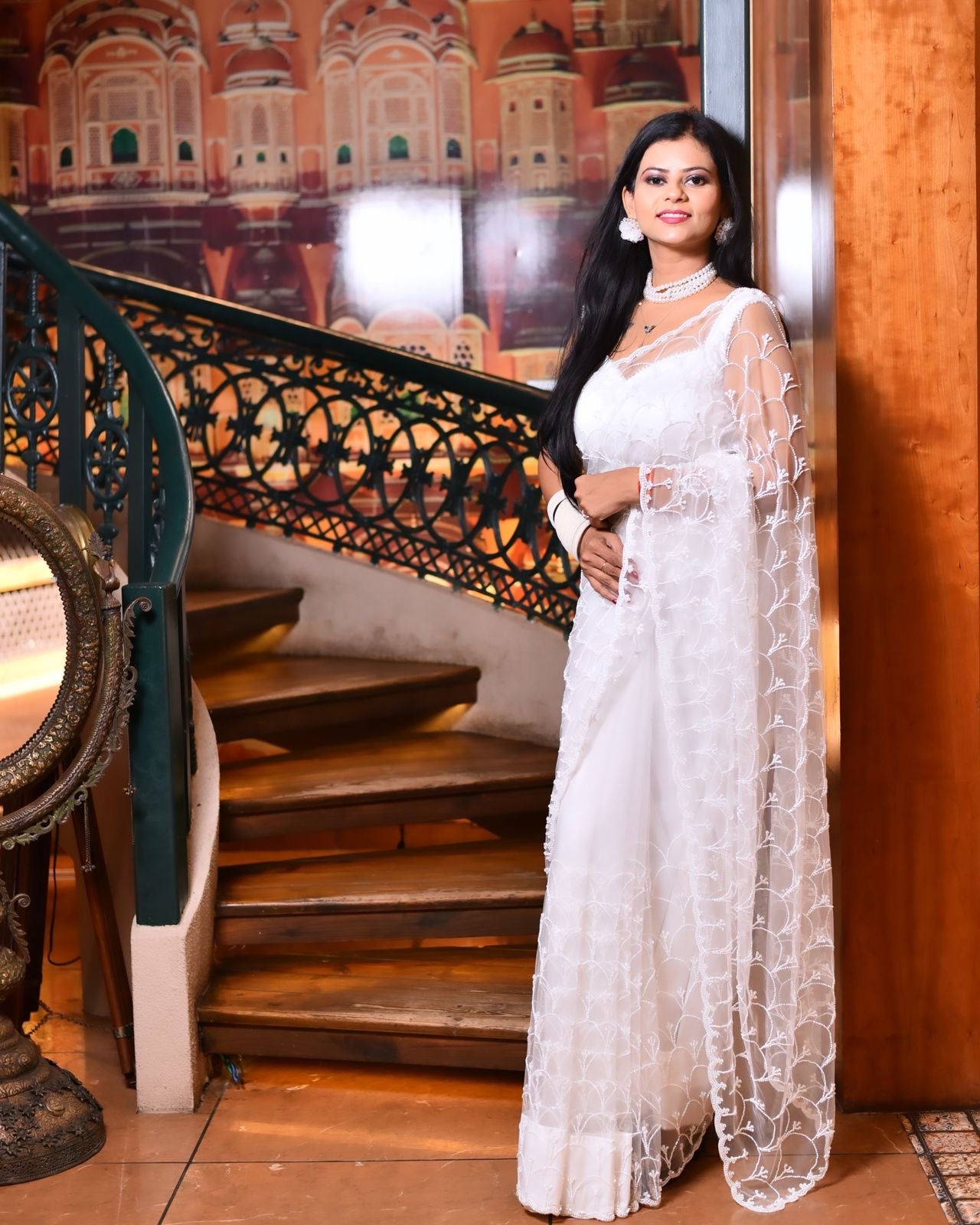 White Organza Scale Pattern Hand Embroidery Saree