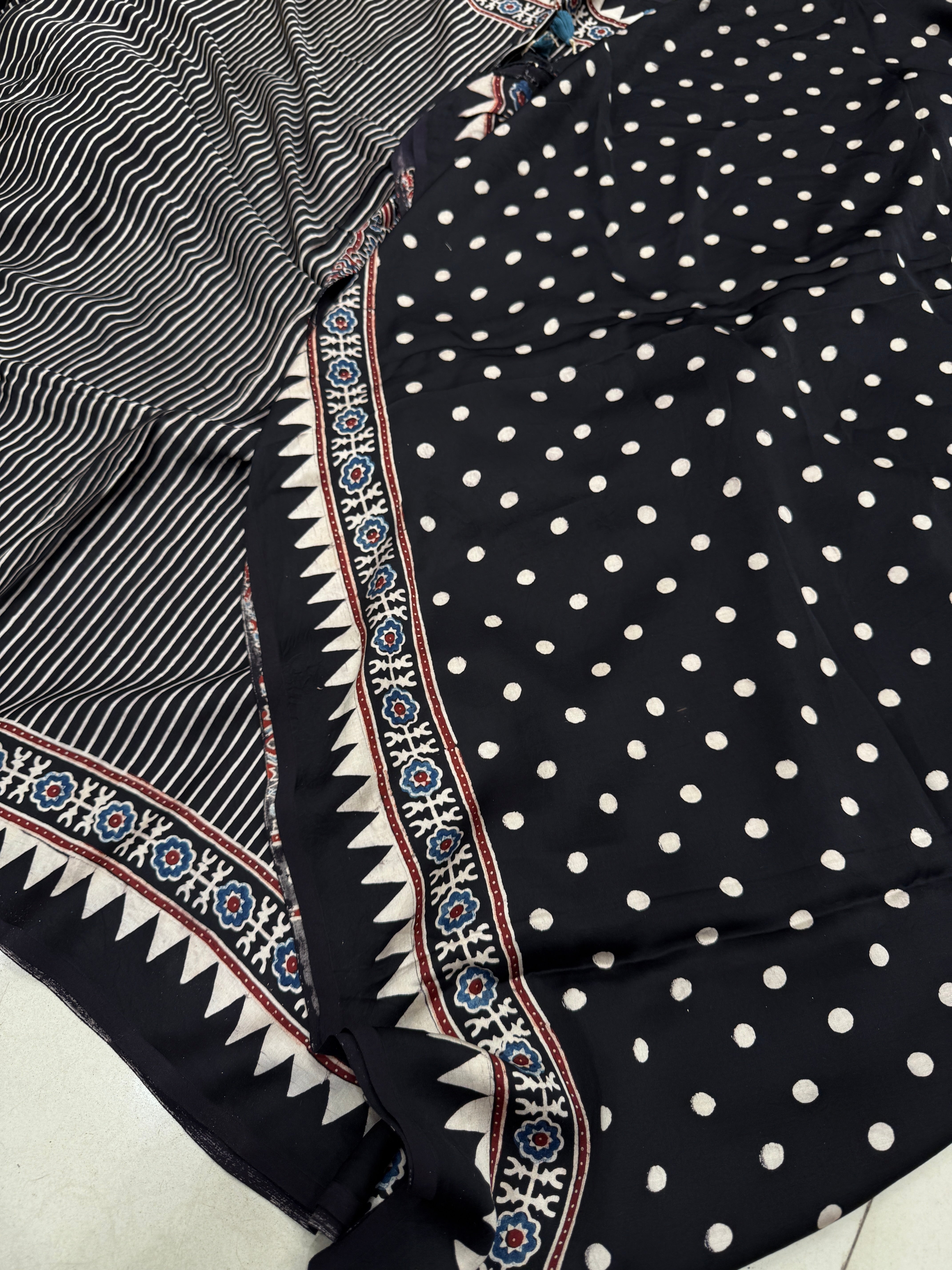Black Contemporary Box Pallu Ajrakh Block Print Hand Pure Gajji Silk Saree