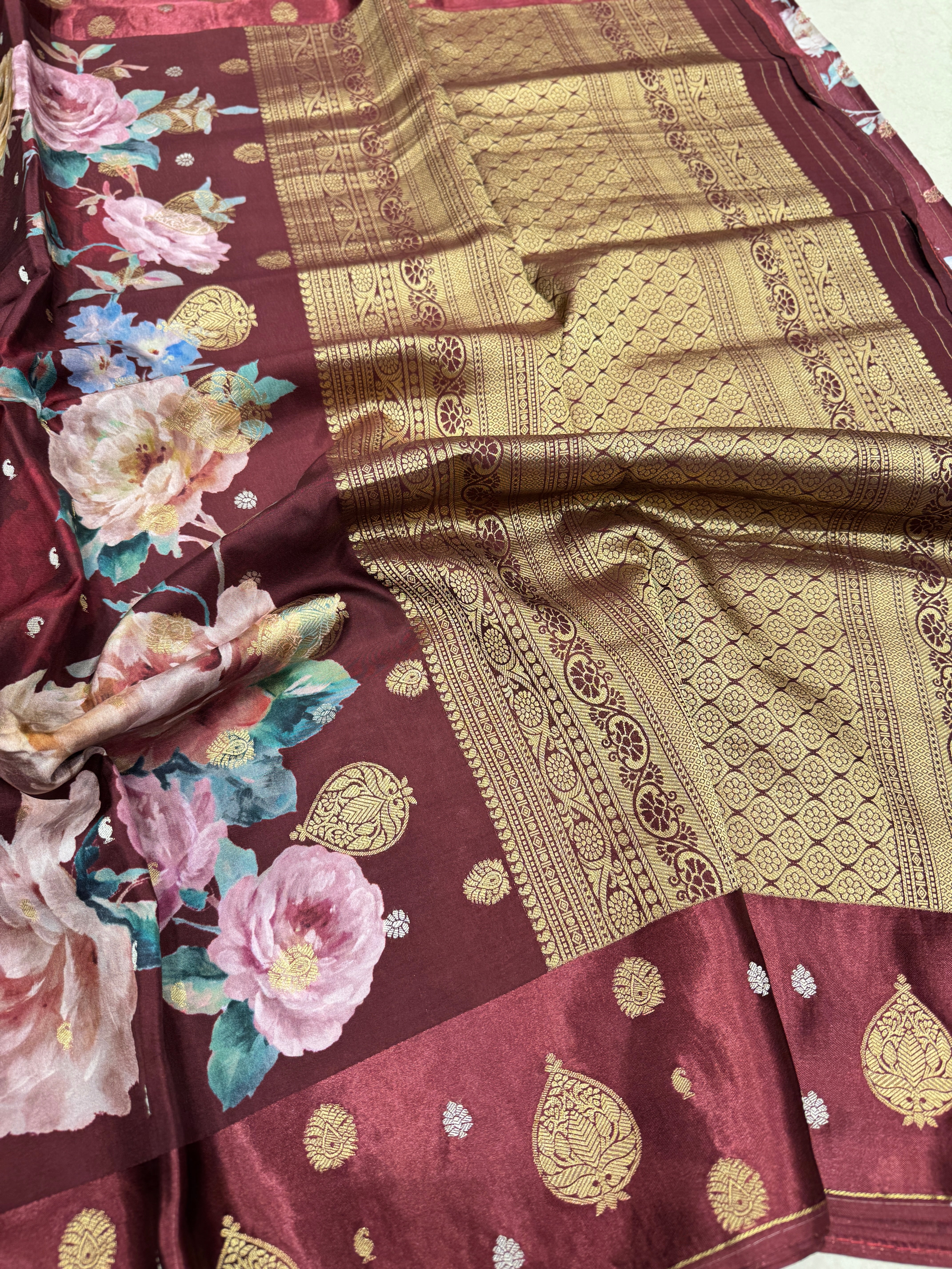Wine Printed Silk Satin Border Saree