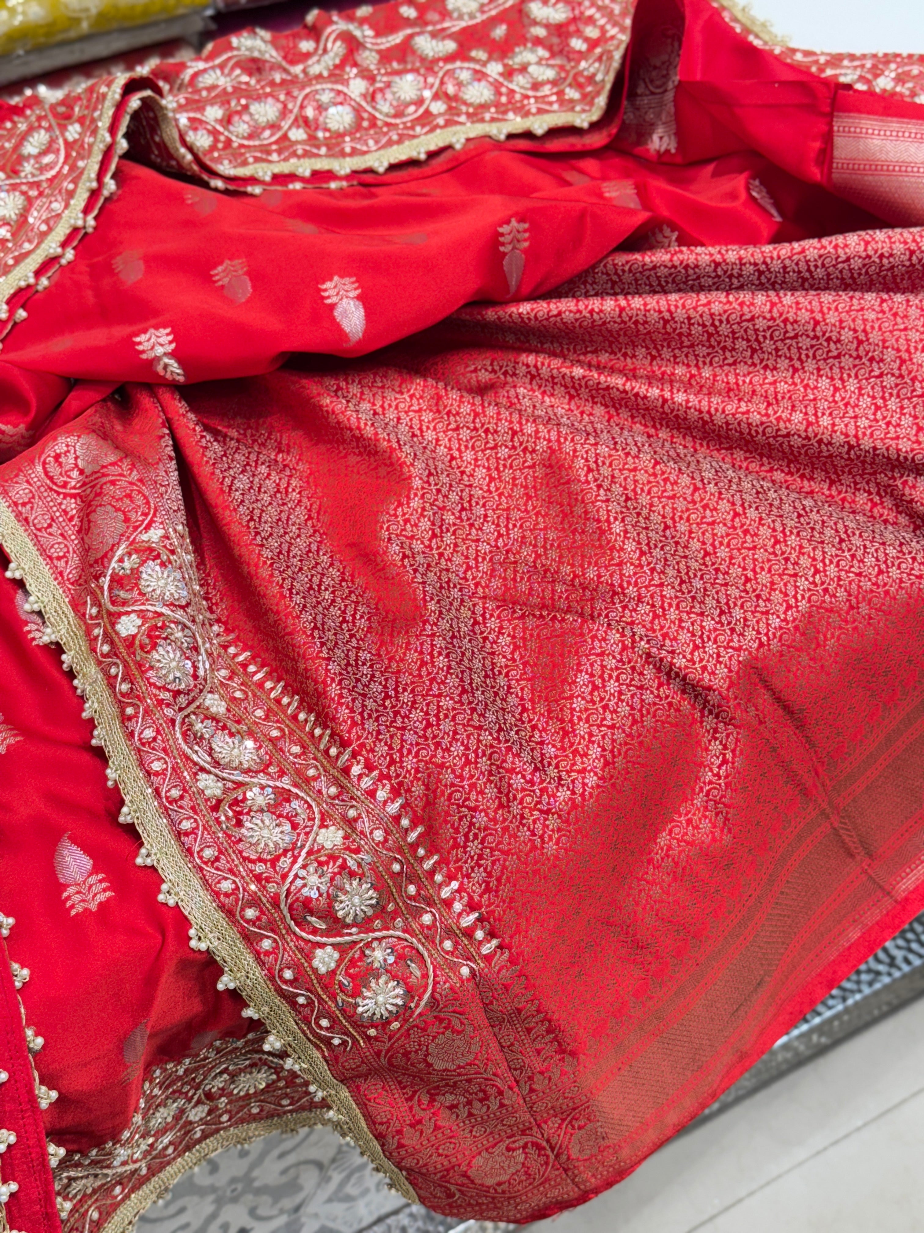 Red Banarasi Japanese Butti Zardosi Hand Embroidery Saree