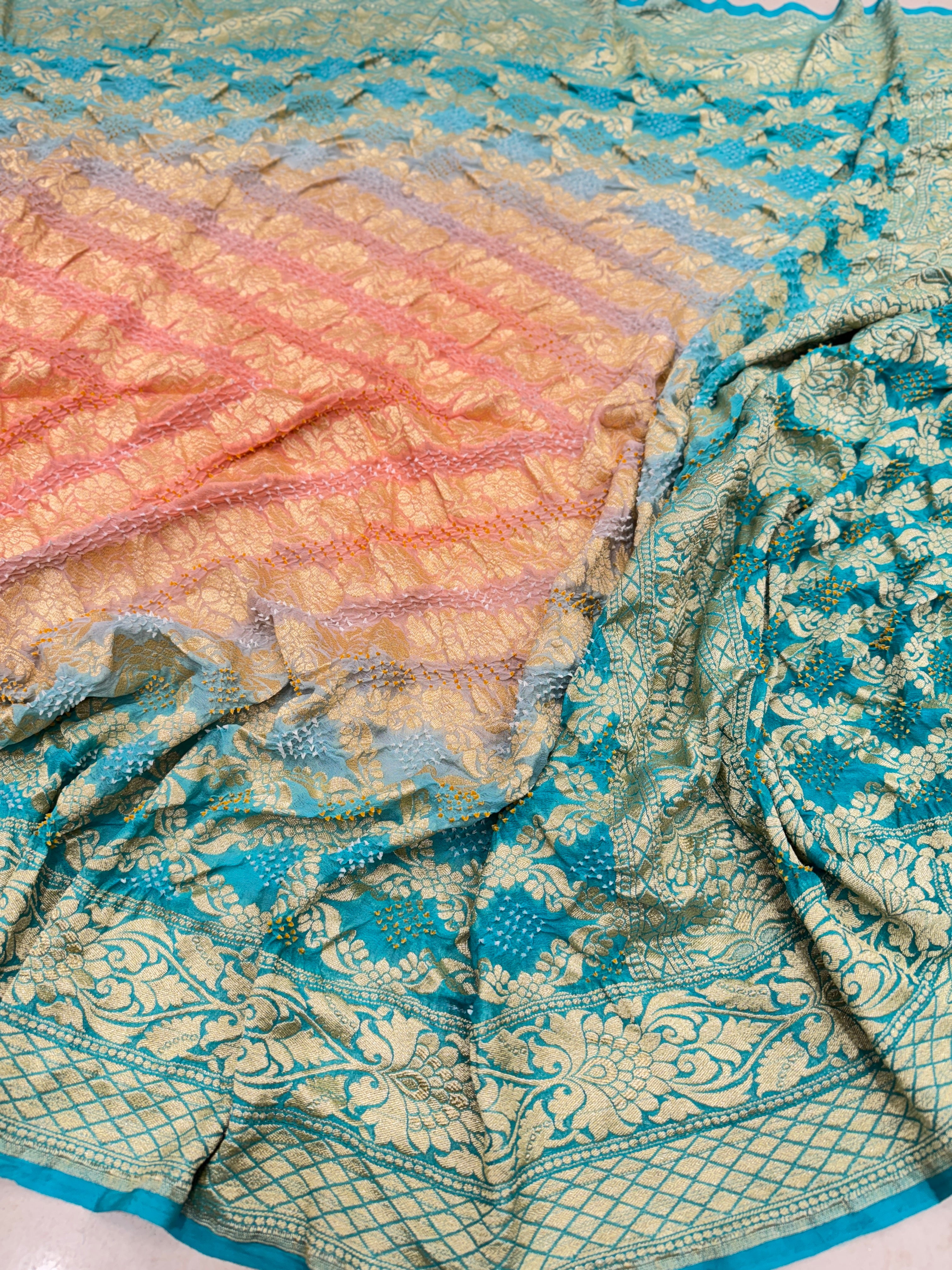 Peach Rama Shaded Bandhej Bandhini Saree