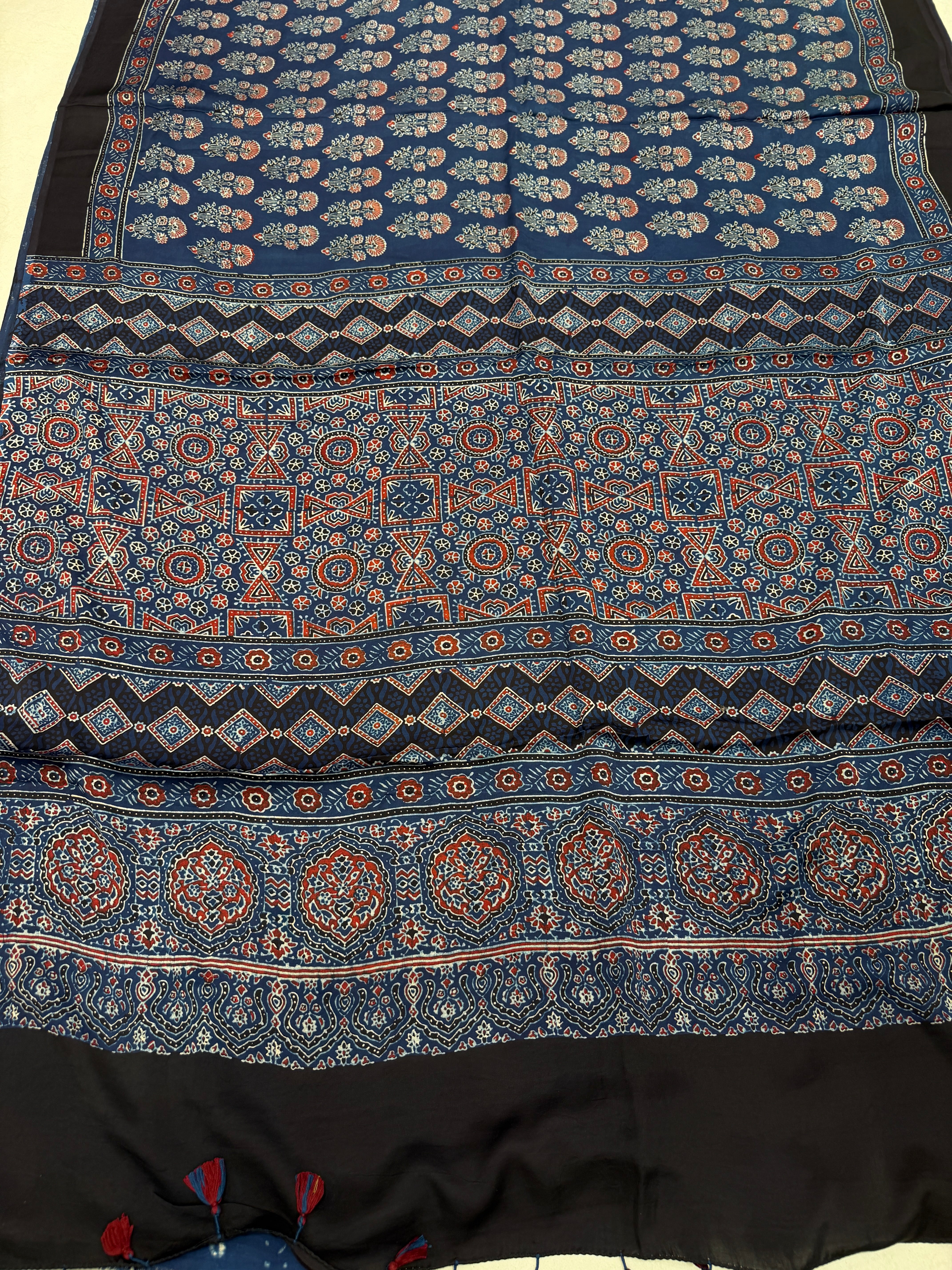 Blue Buttas Ajrakh Block Print Hand Pure Gajji Silk Saree