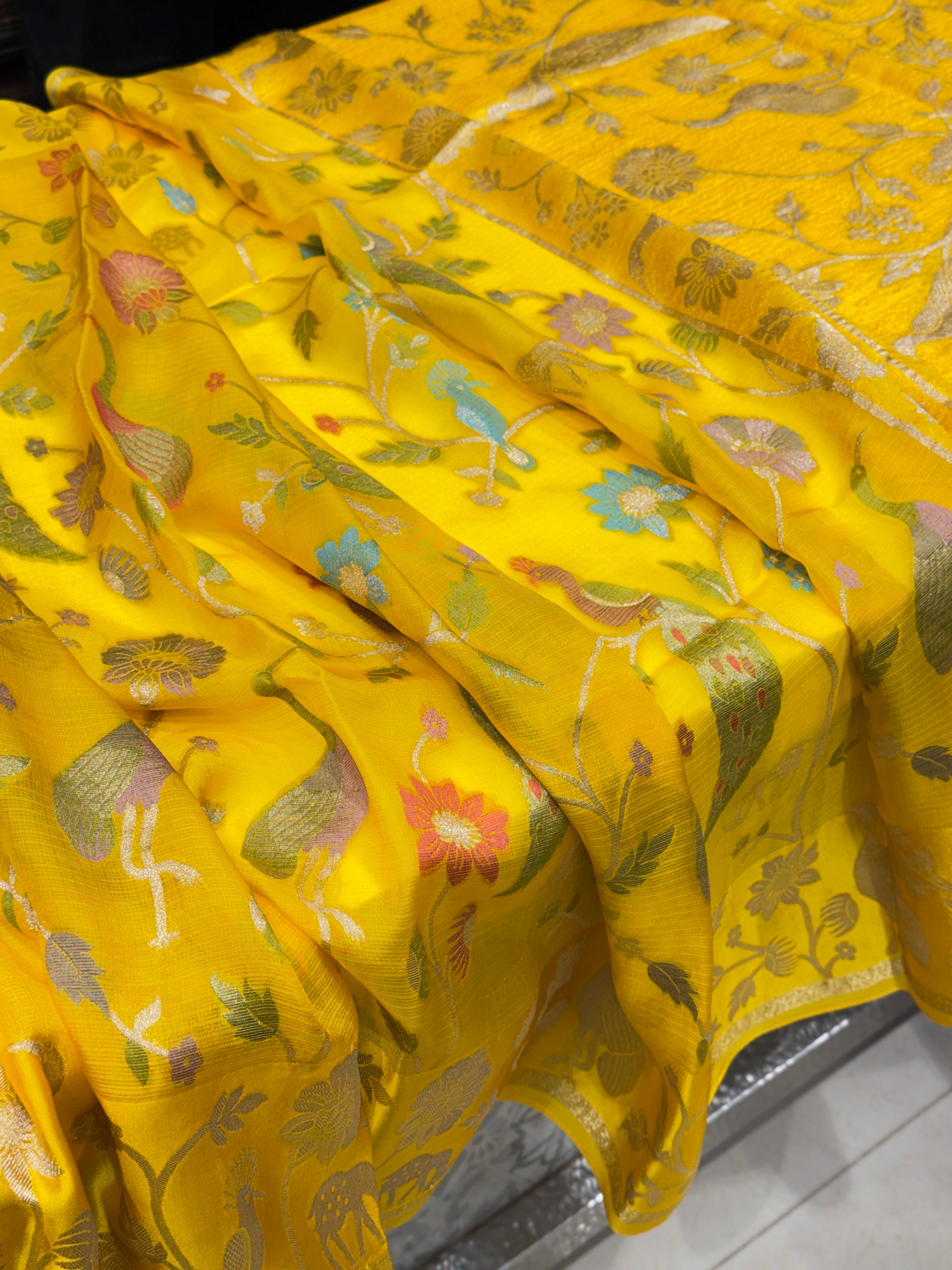 Yellow Meenakari Manipuri Kora Silk Saree