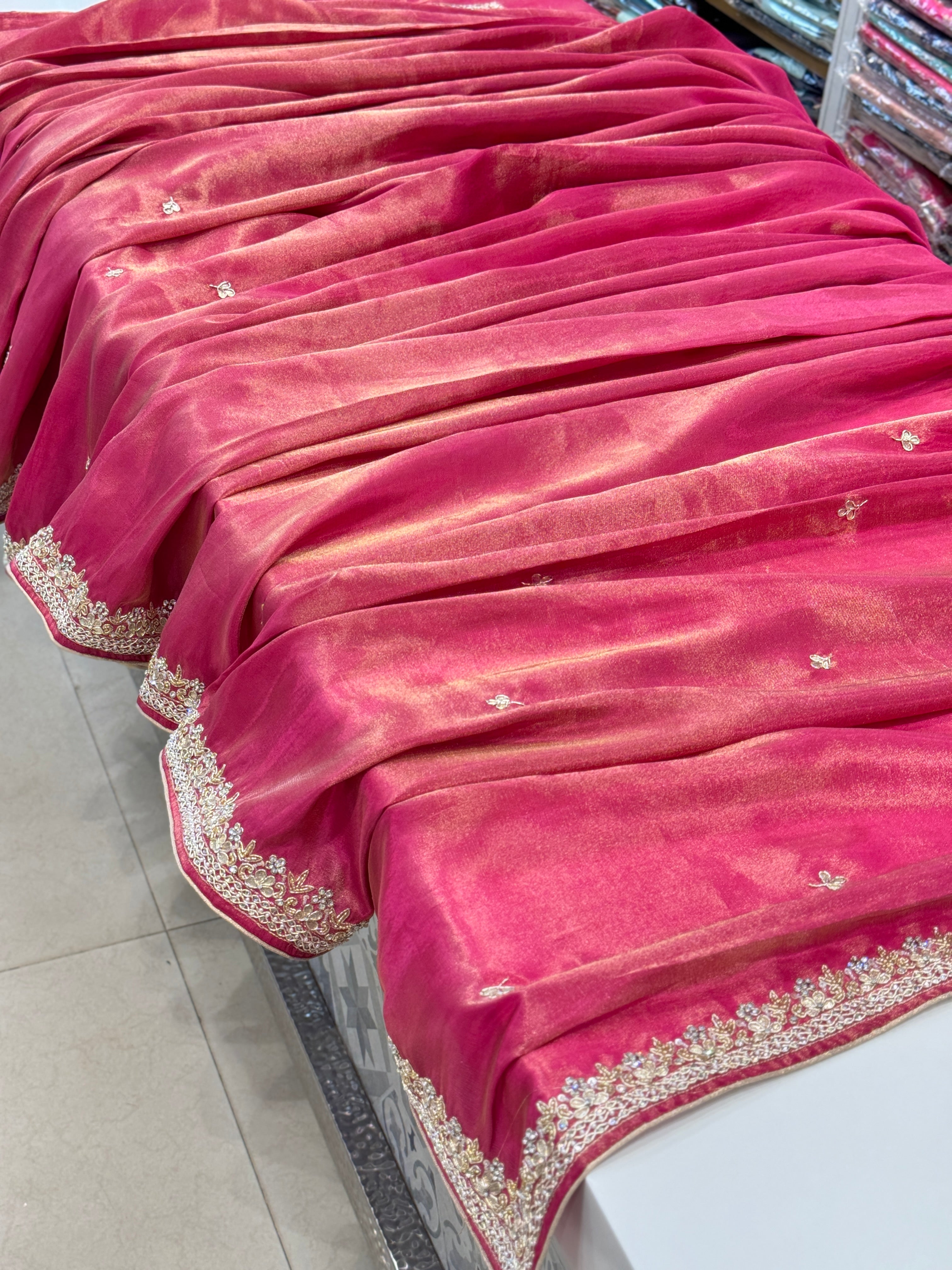 Crimson Crepe Tissue Border Embroidery Saree