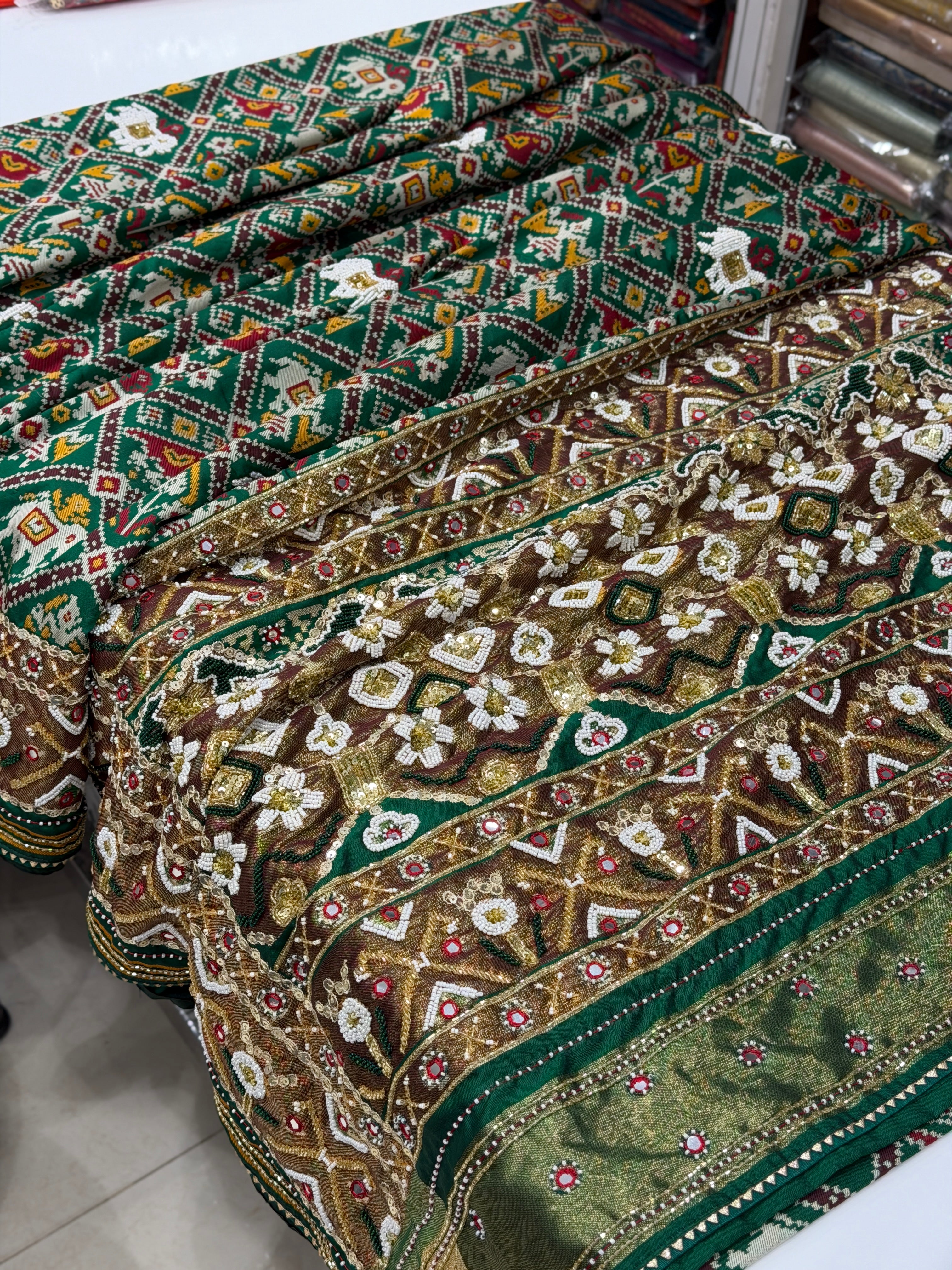 Bottle Green Patola Chhabdi Bhat Kidiya Moti Hand Embroidery Patola Saree