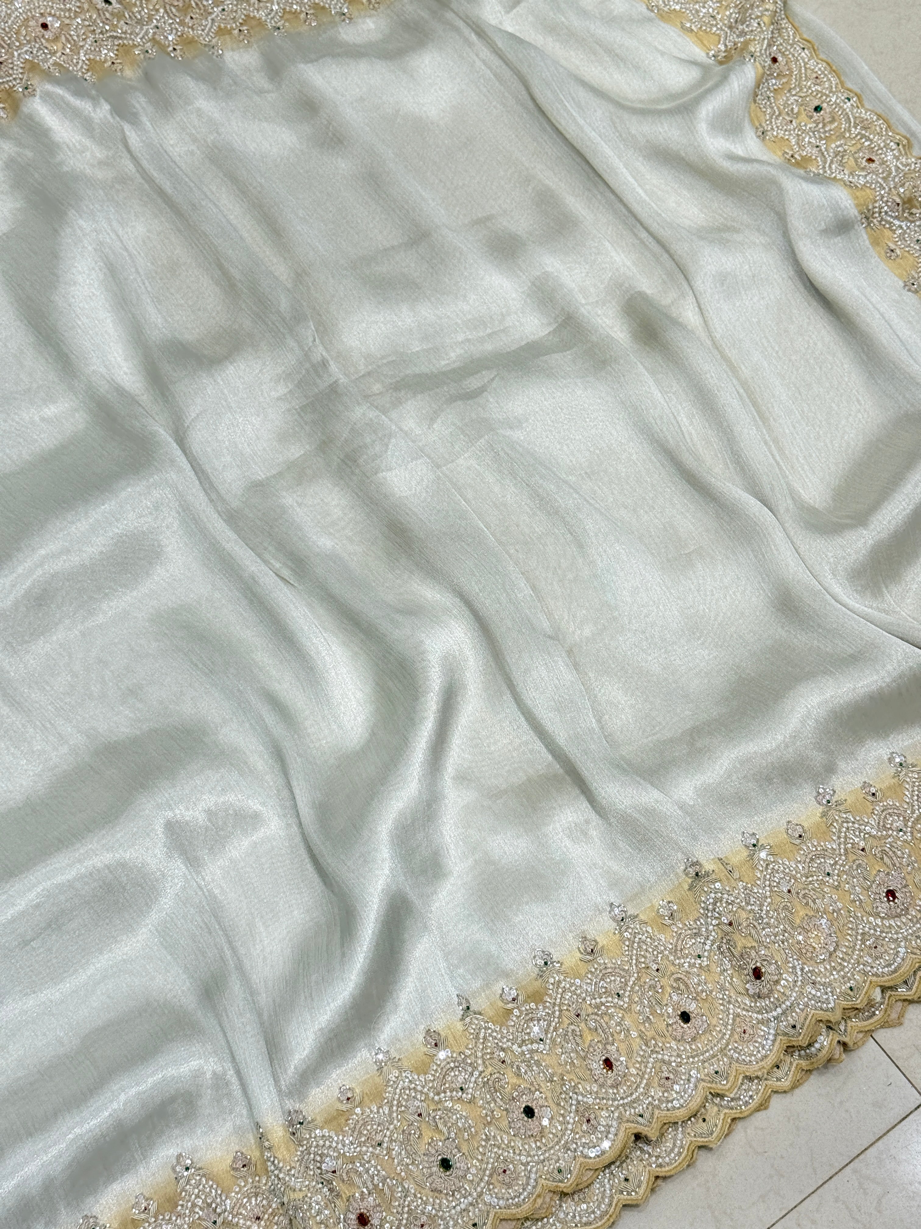 Silver Gold Tissue Hand Embroidery Crystal Embroidery Saree