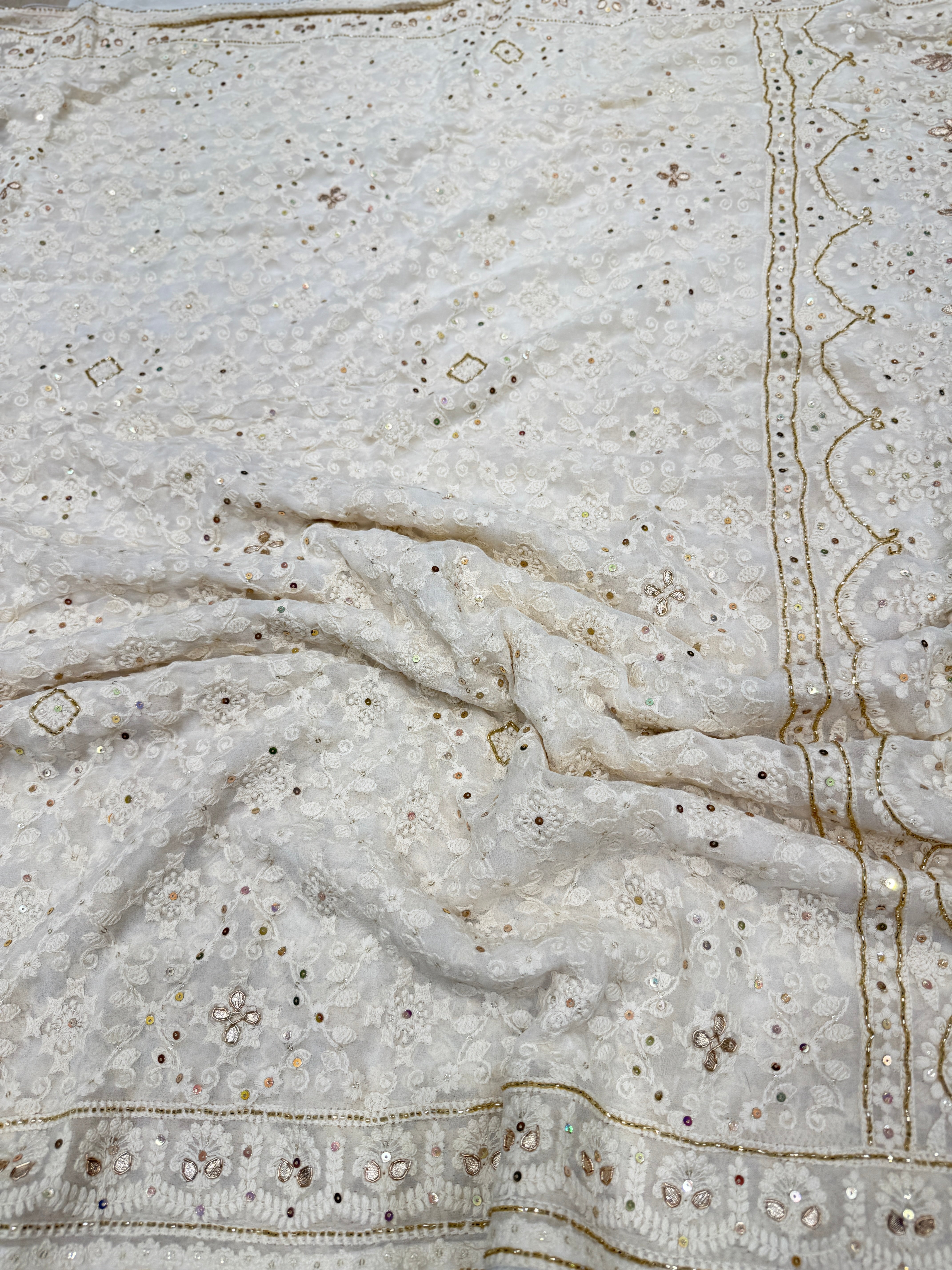 White Chikankari on Georgette with Cutdana Hand Embroidery