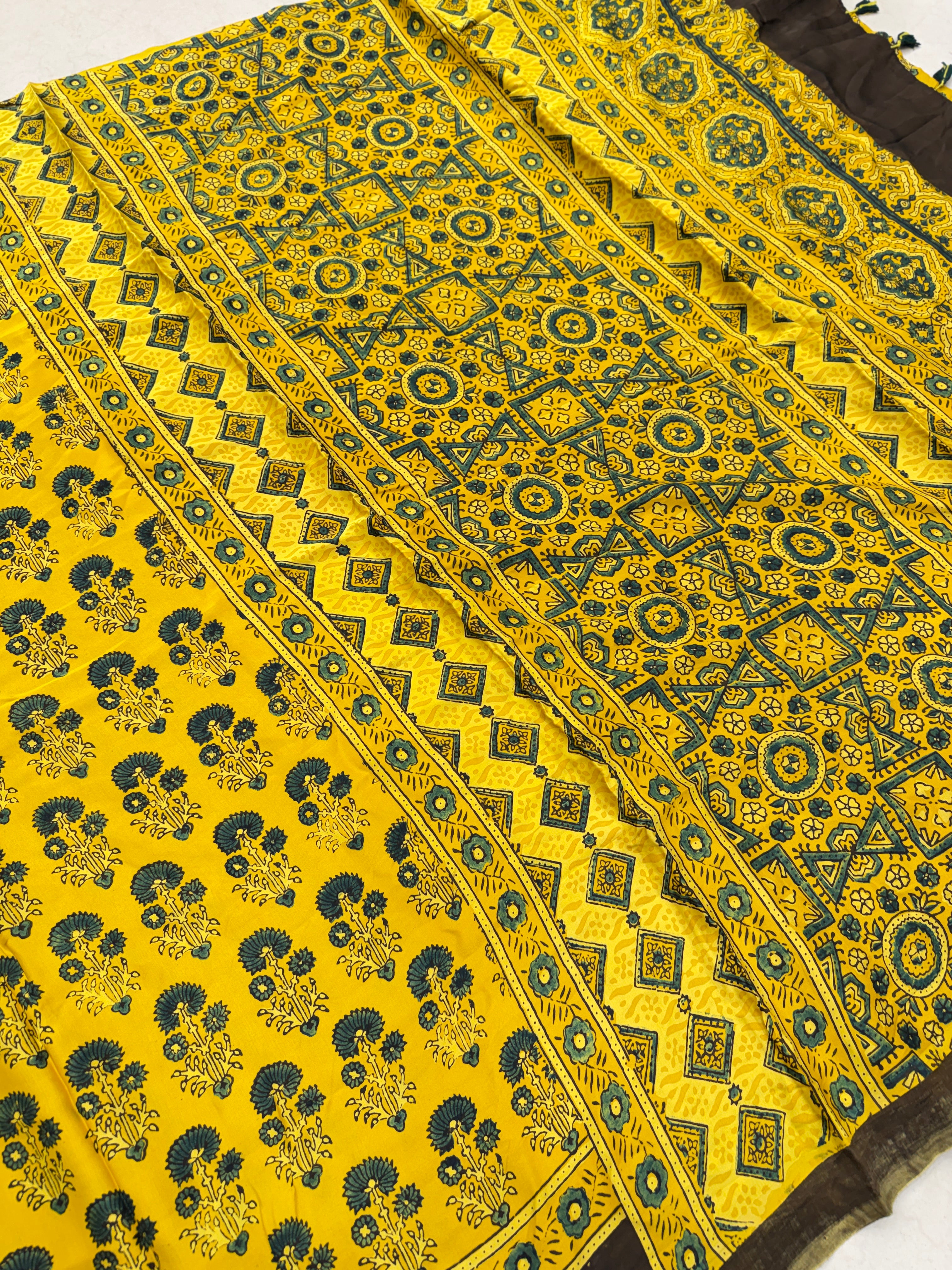 Yellow Floral Butta Ajrakh Hand Block Print Pure Gajji Silk Saree