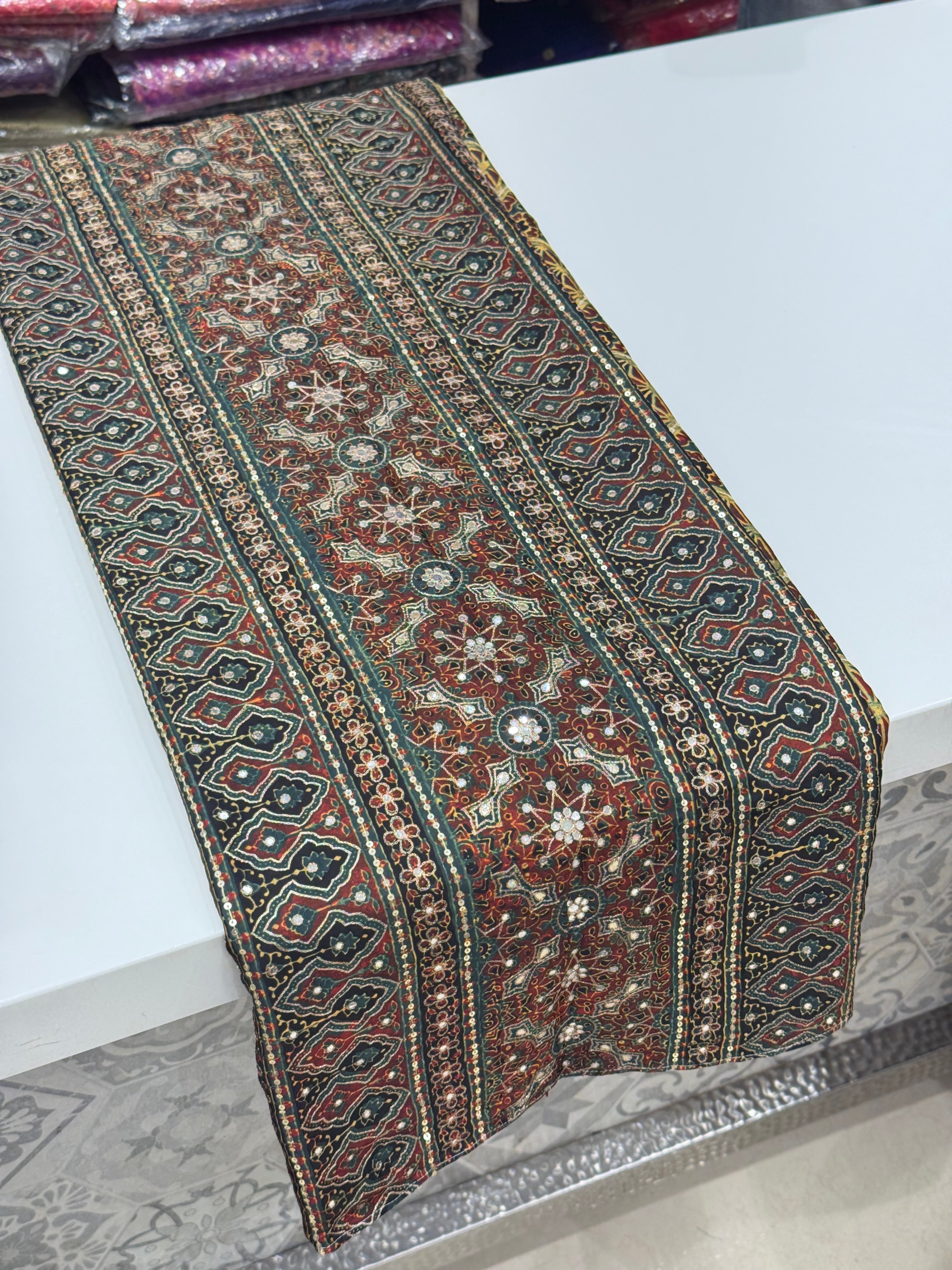 Mustard Rama Jaal Abstract Pita Sequin Ajrakh Hand Embroidery Saree