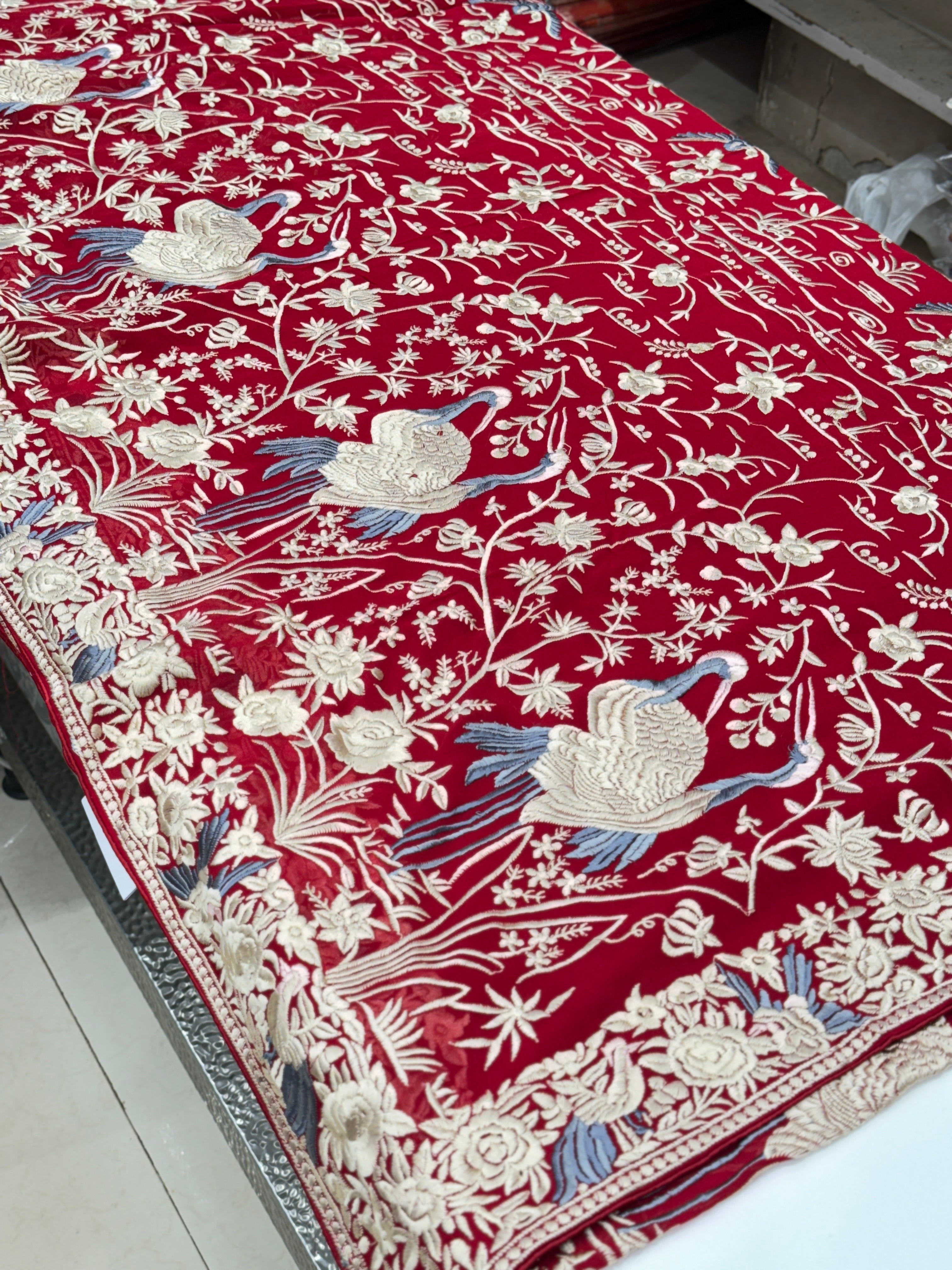 Red Georgette Flamingo Parsi Gara Saree