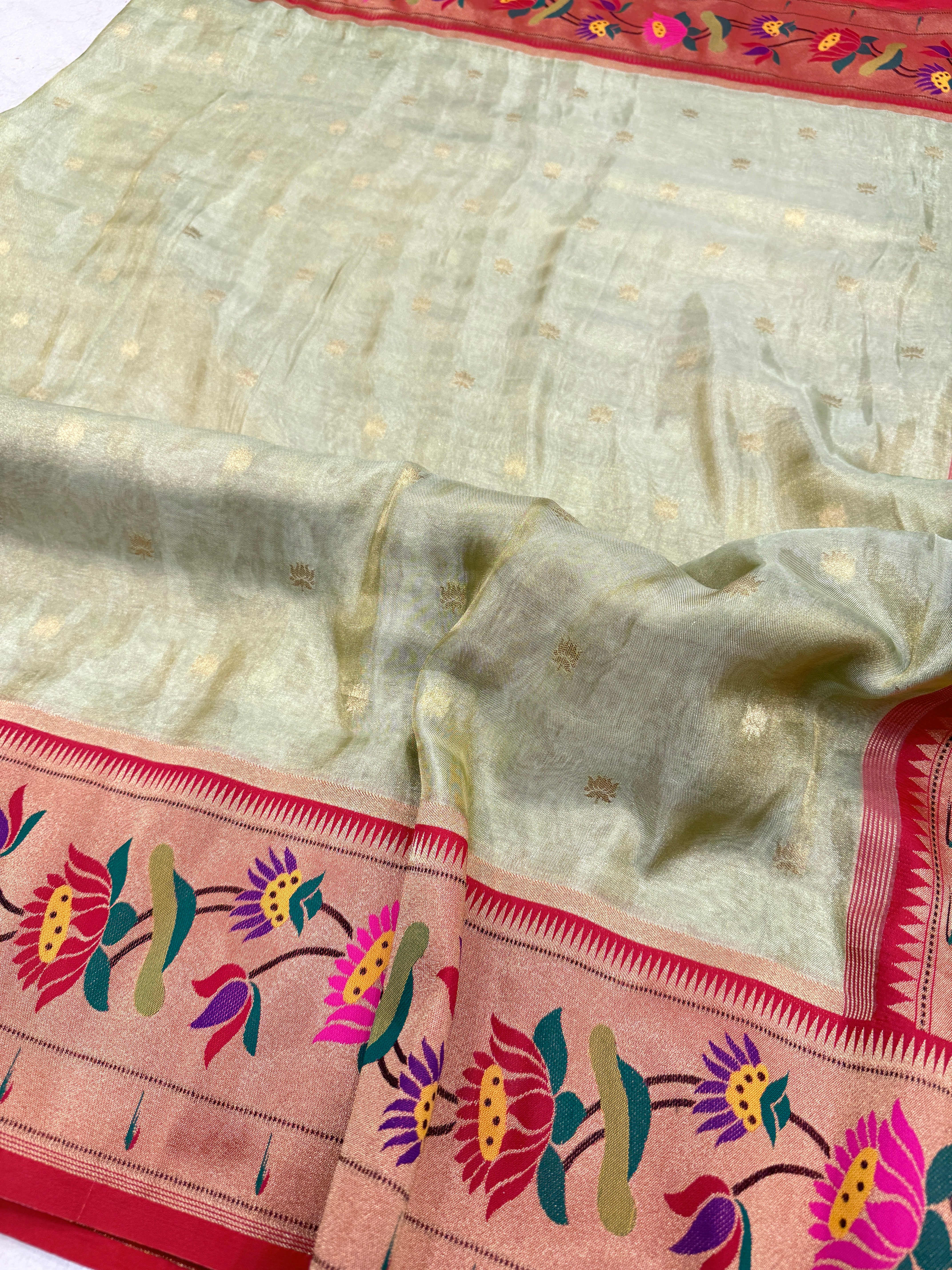 Pista Green Tissue Paithani Lotus Border Saree
