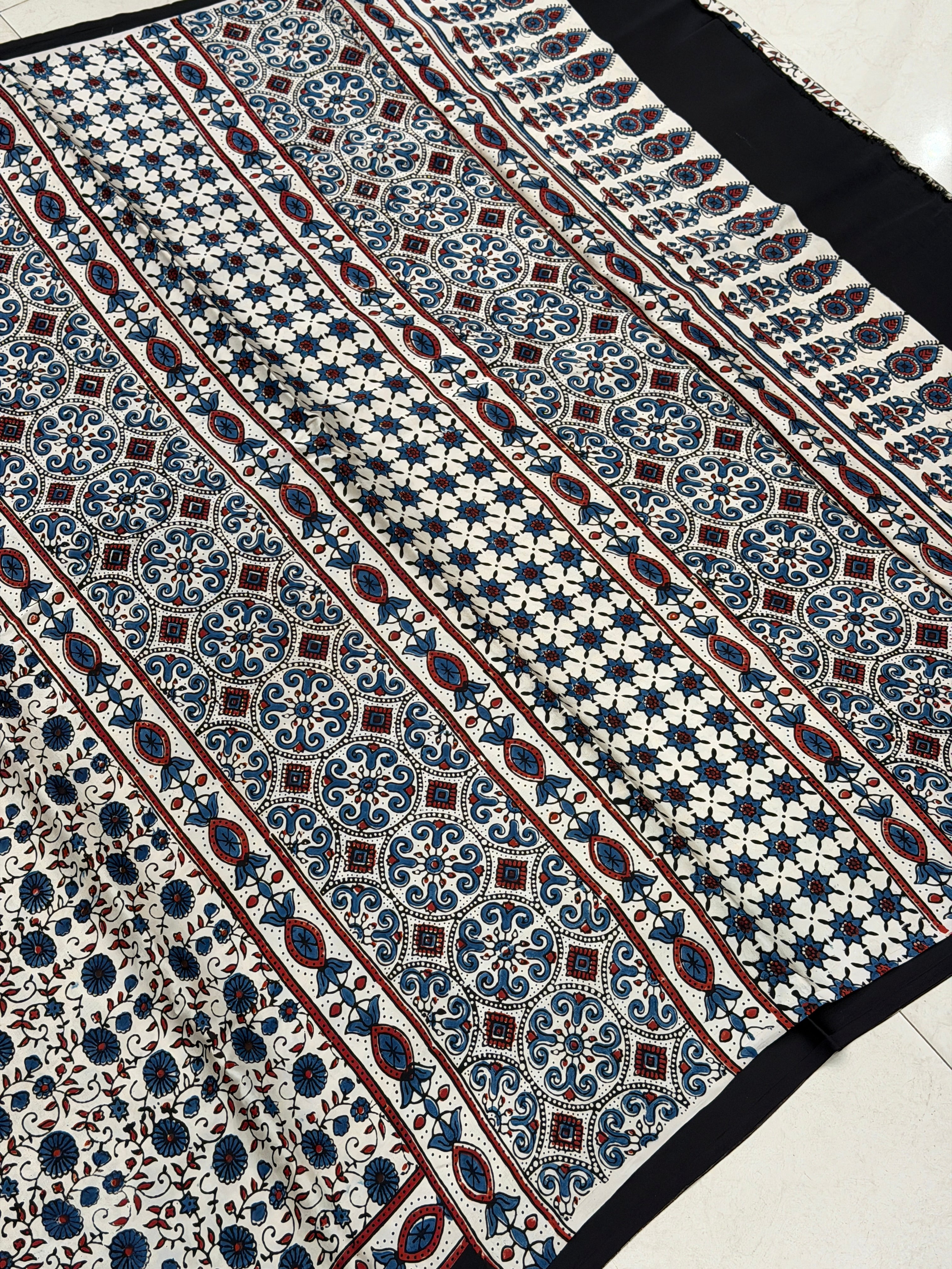 White Floral Jaal Ajrakh Hand Block Print Pure Modal Silk Saree