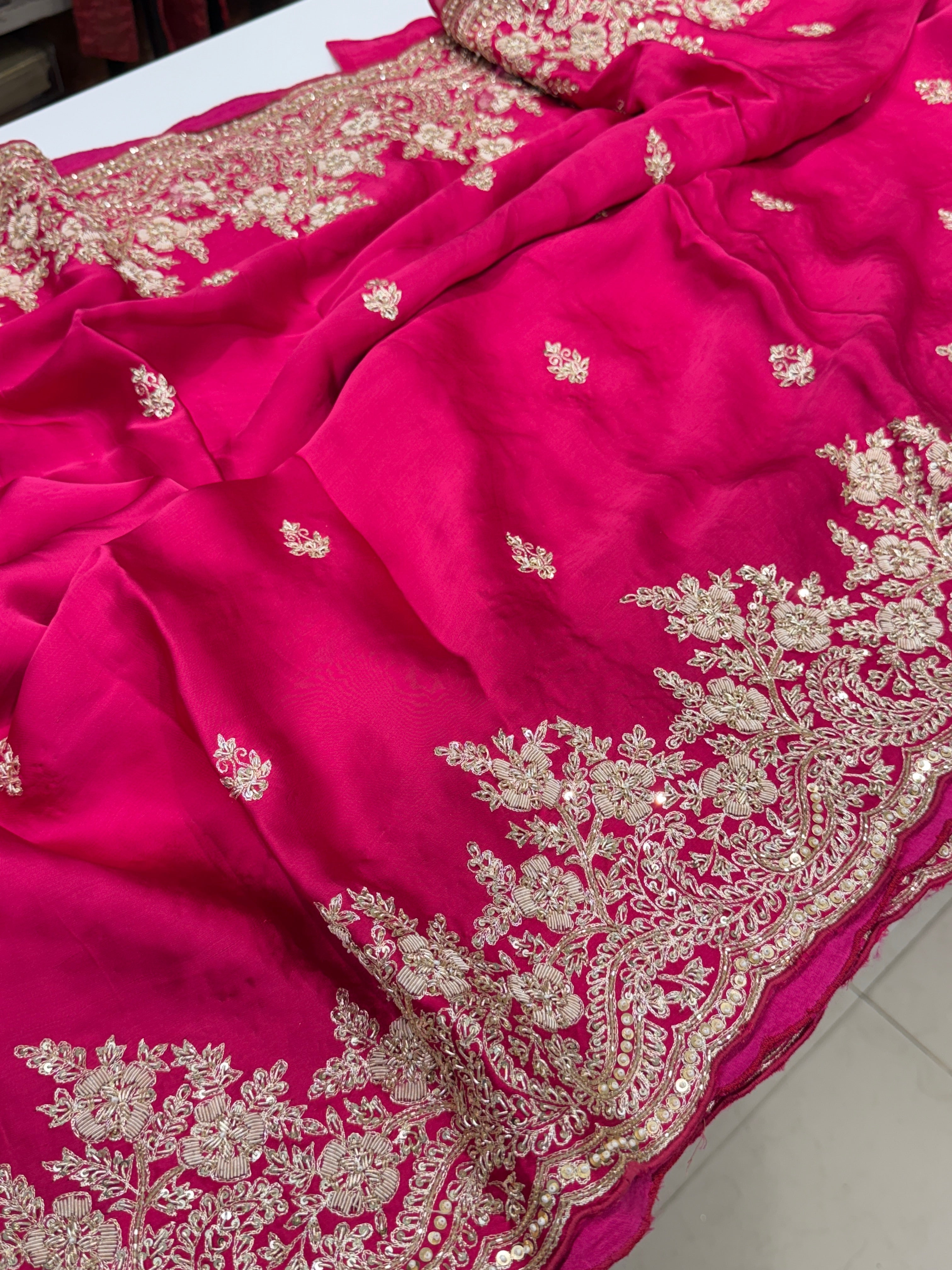 Rani Pink Buttis Satin Hand Embroidery Zardosi Saree