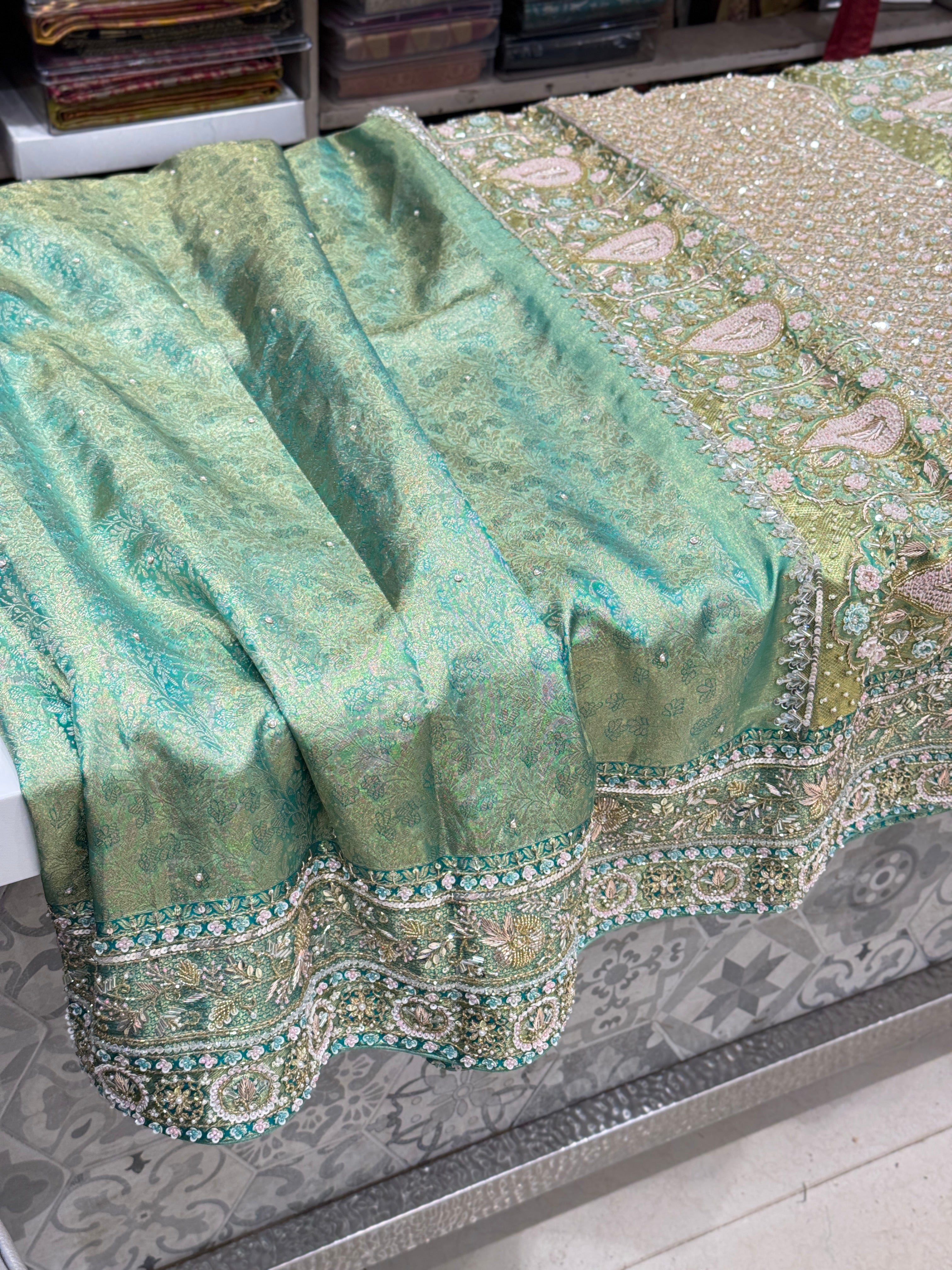 Pista Green Tissue Kanjivaram Hand Embroidery Saree