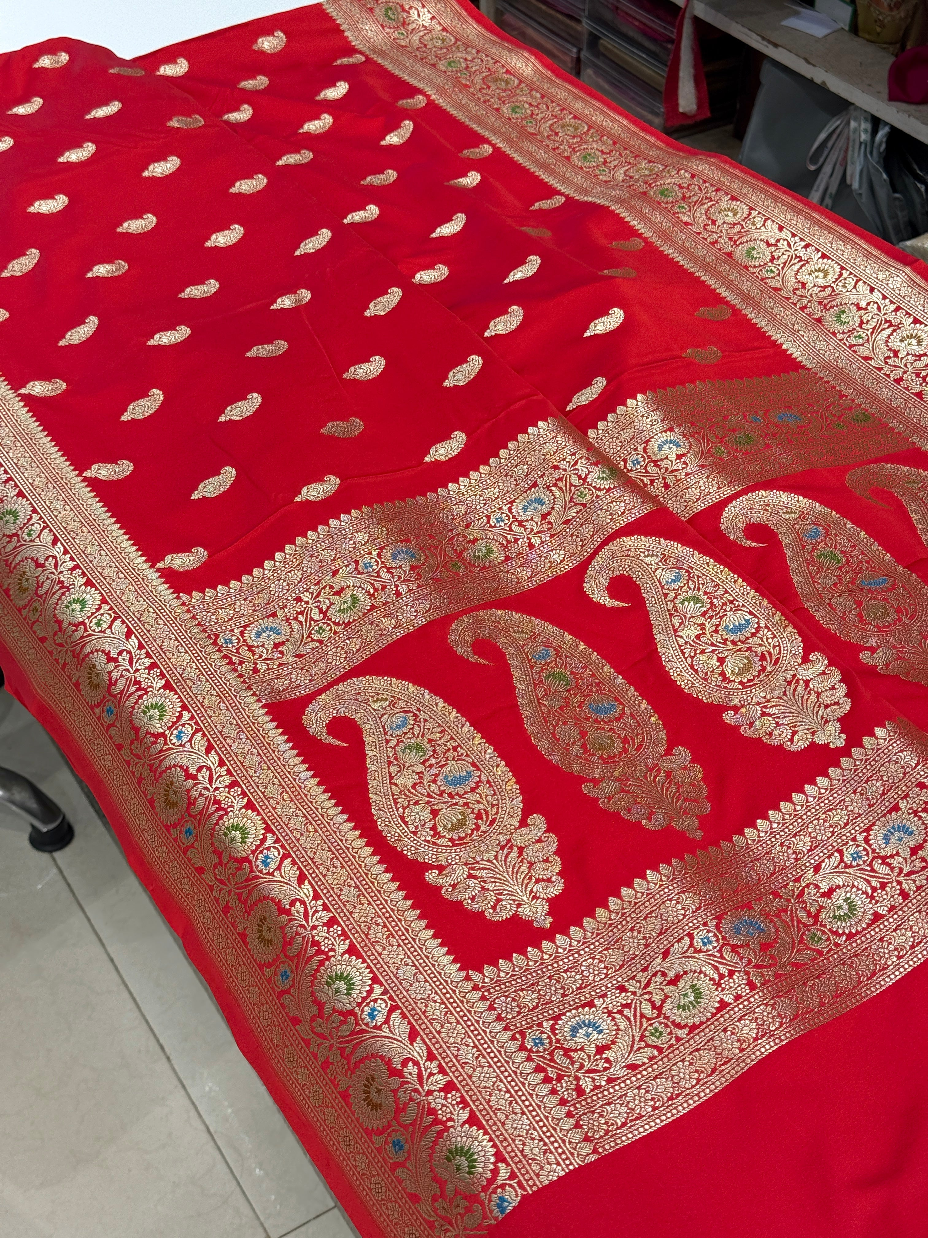 Red Banarasi Meena Border Butti Saree