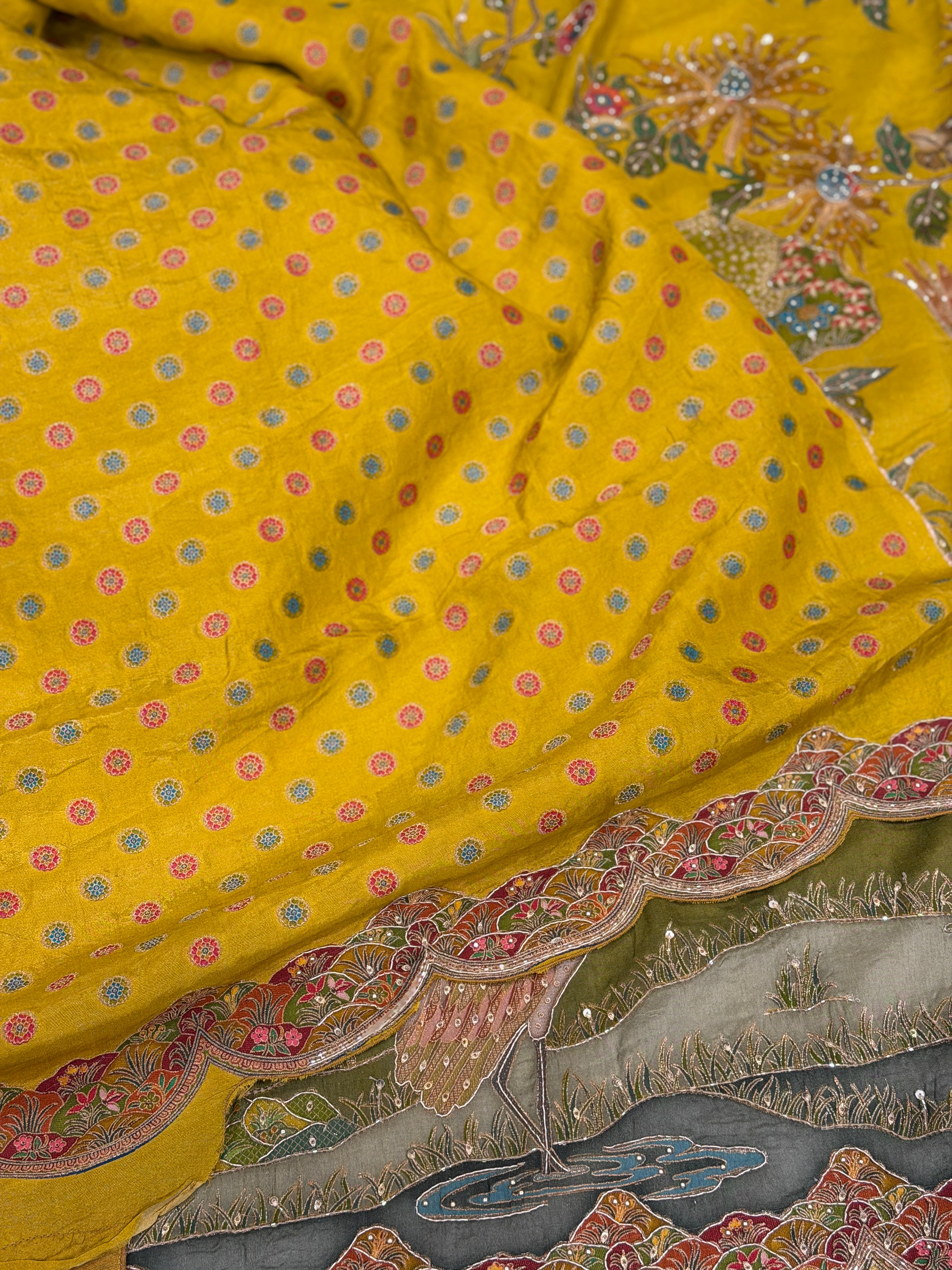 Yellow Munga Canvas Hand Embroidery Saree