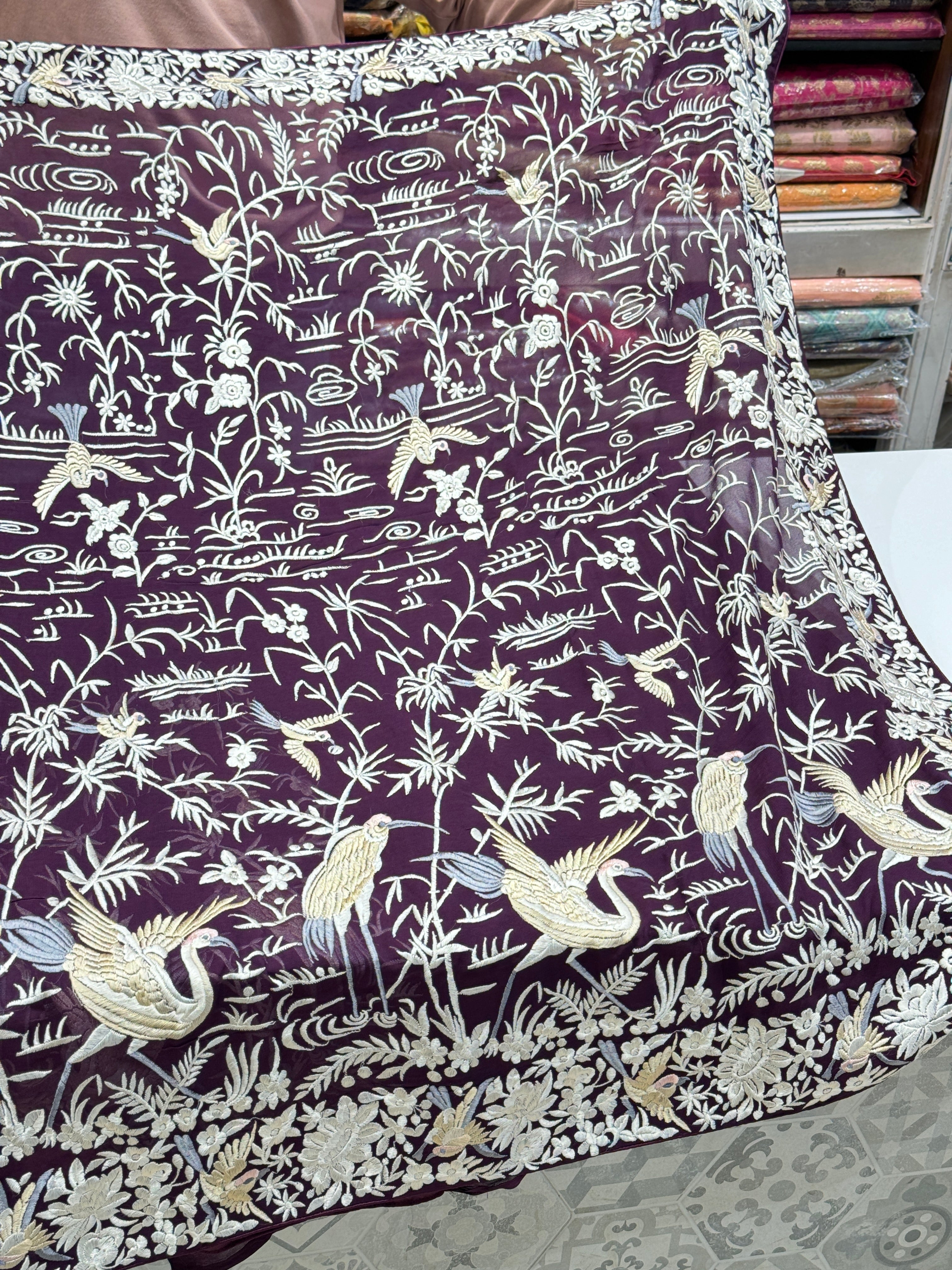 Wine Georgette Flying Flamingo Parsi Gara Saree
