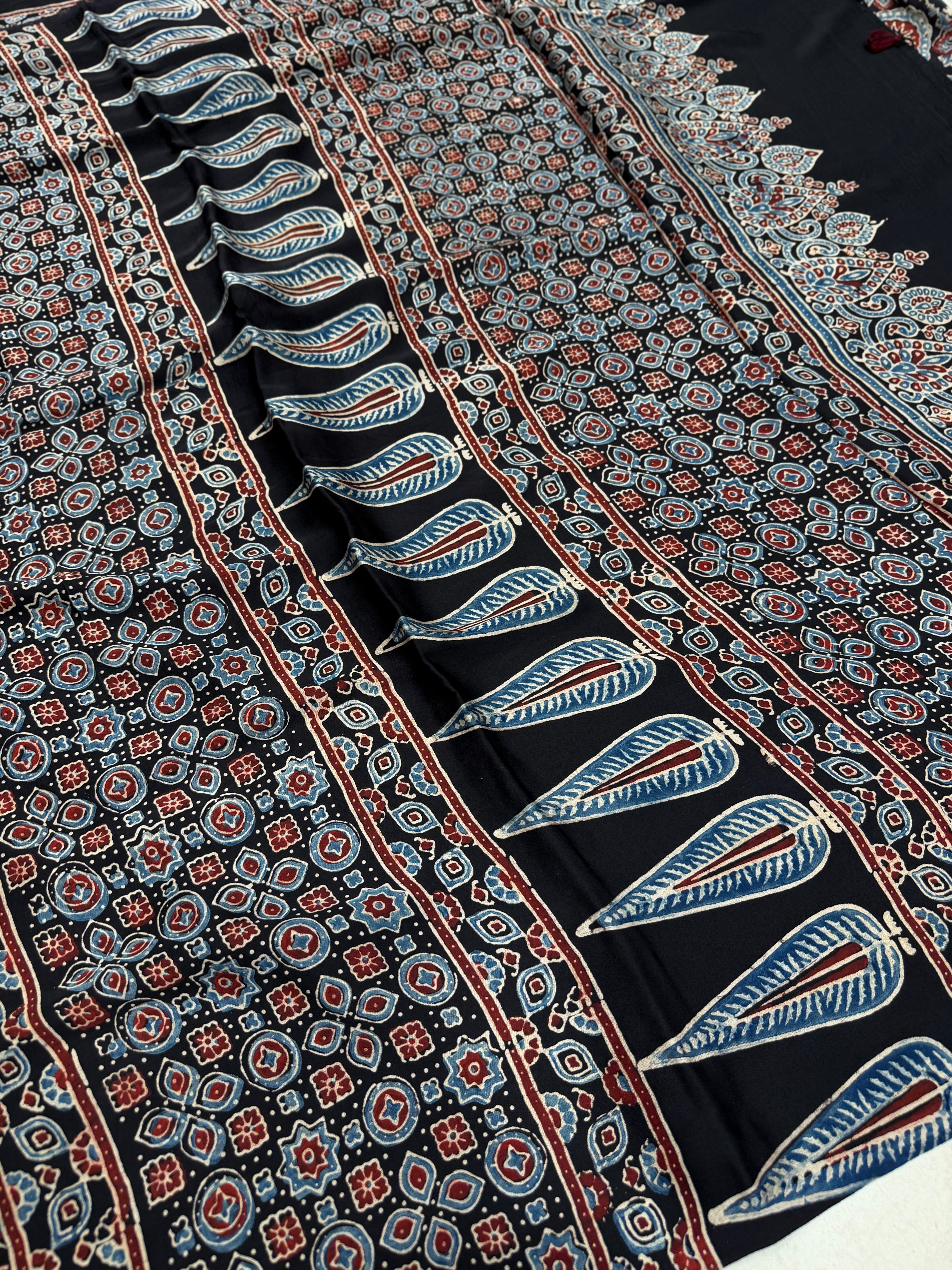 Black Badam Butti Ajrakh Hand Block Print Pure Modal Silk Saree