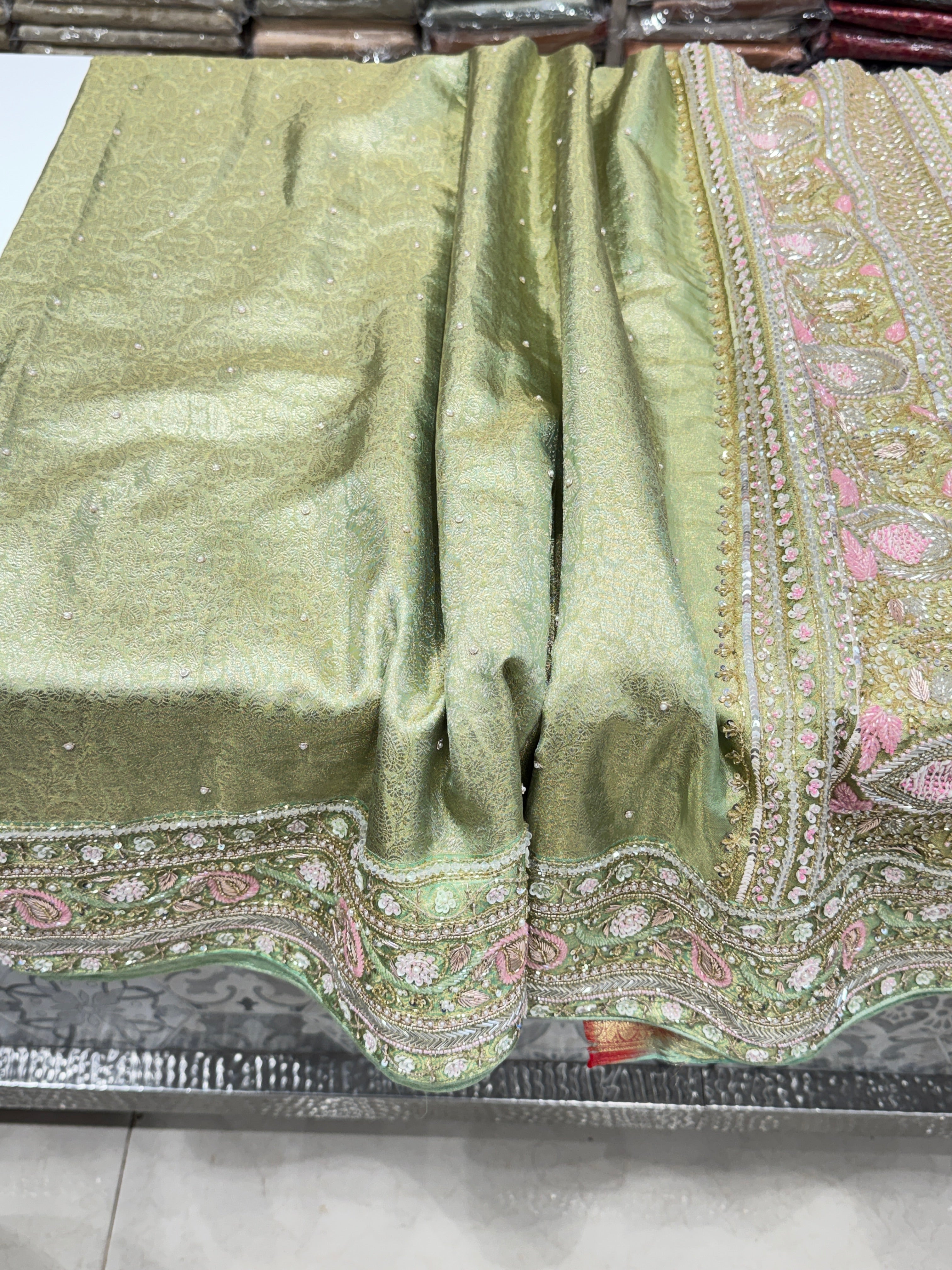 Pista Green Tissue Kanjivaram Hand Embroidery Saree