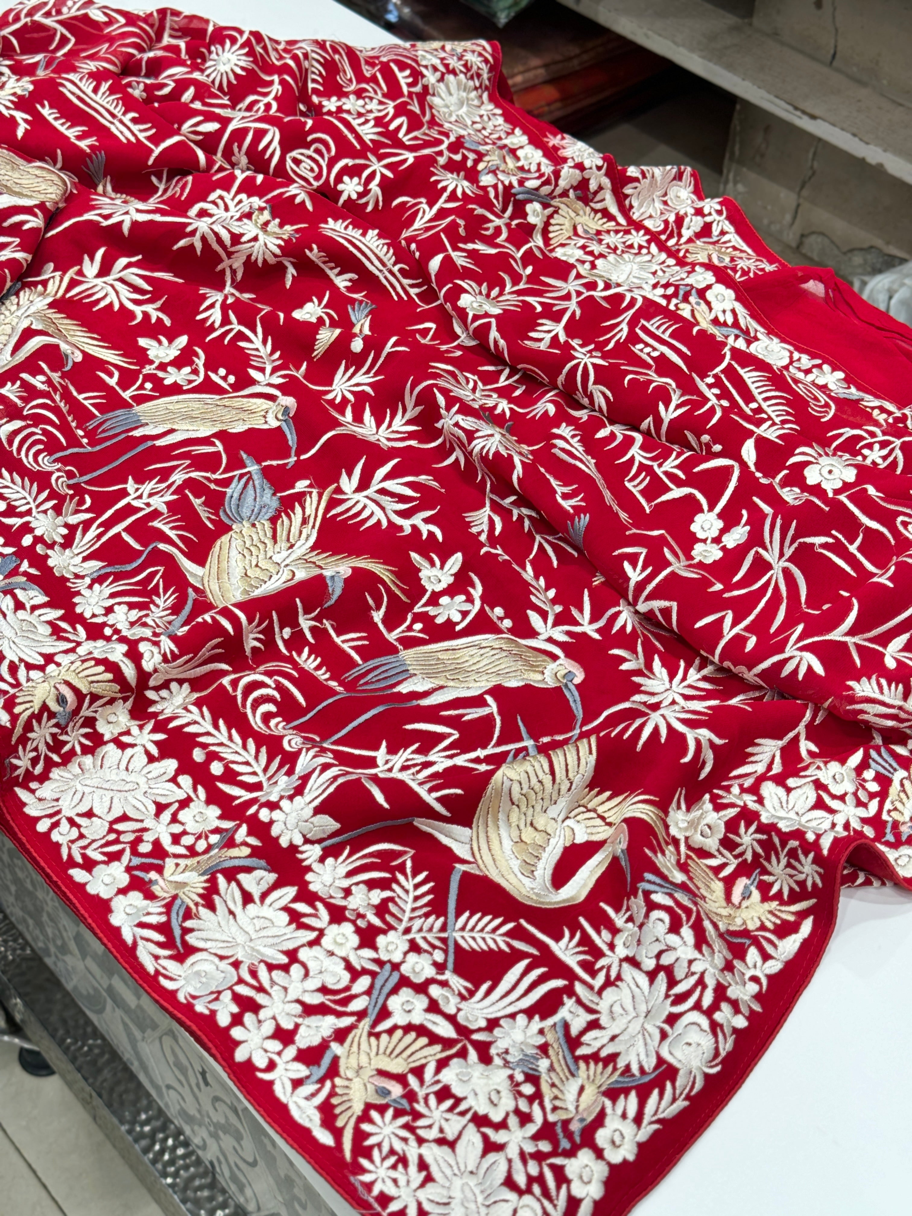 Red Georgette Flying Flamingo Parsi Gara Saree
